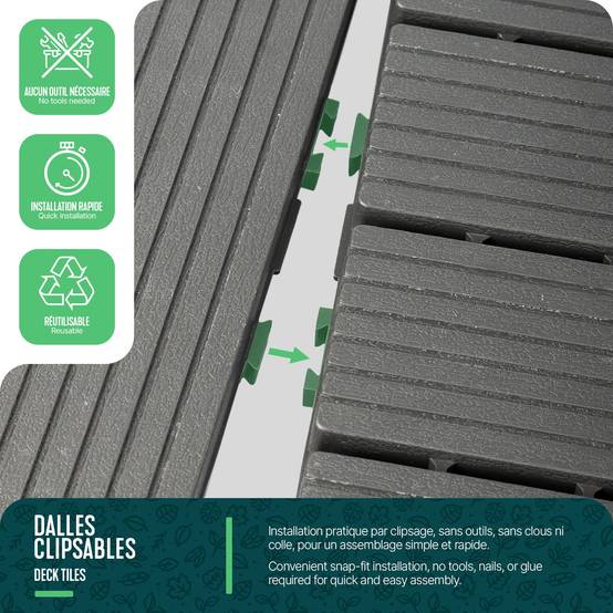 Lot de 22 Dalles clipsables extérieur 30x30 cm - Caillebotis de terrasse antidérapant et drainant - Plastique - Anthracite - VOUNOT® - Image 5