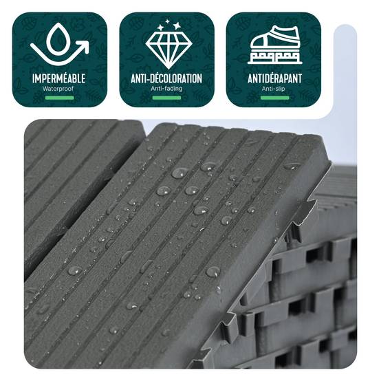 Lot de 22 Dalles clipsables extérieur 30x30 cm - Caillebotis de terrasse antidérapant et drainant - Plastique - Anthracite - VOUNOT® - Image 4