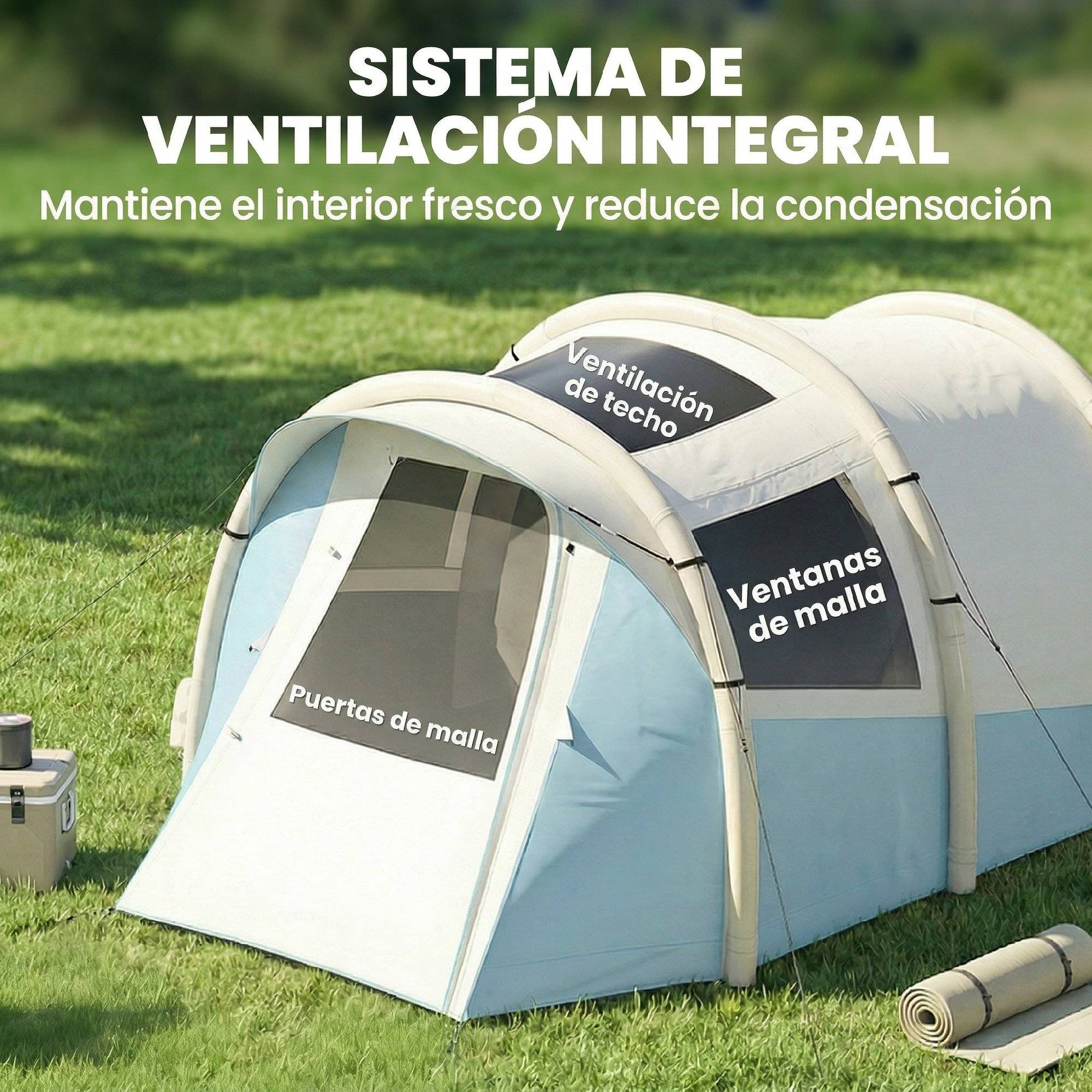 Tente gonflable 2-3 personnes pompe, chambre et séjour, imperméable 3000 mm, montage rapide, bleu clair - Image 8