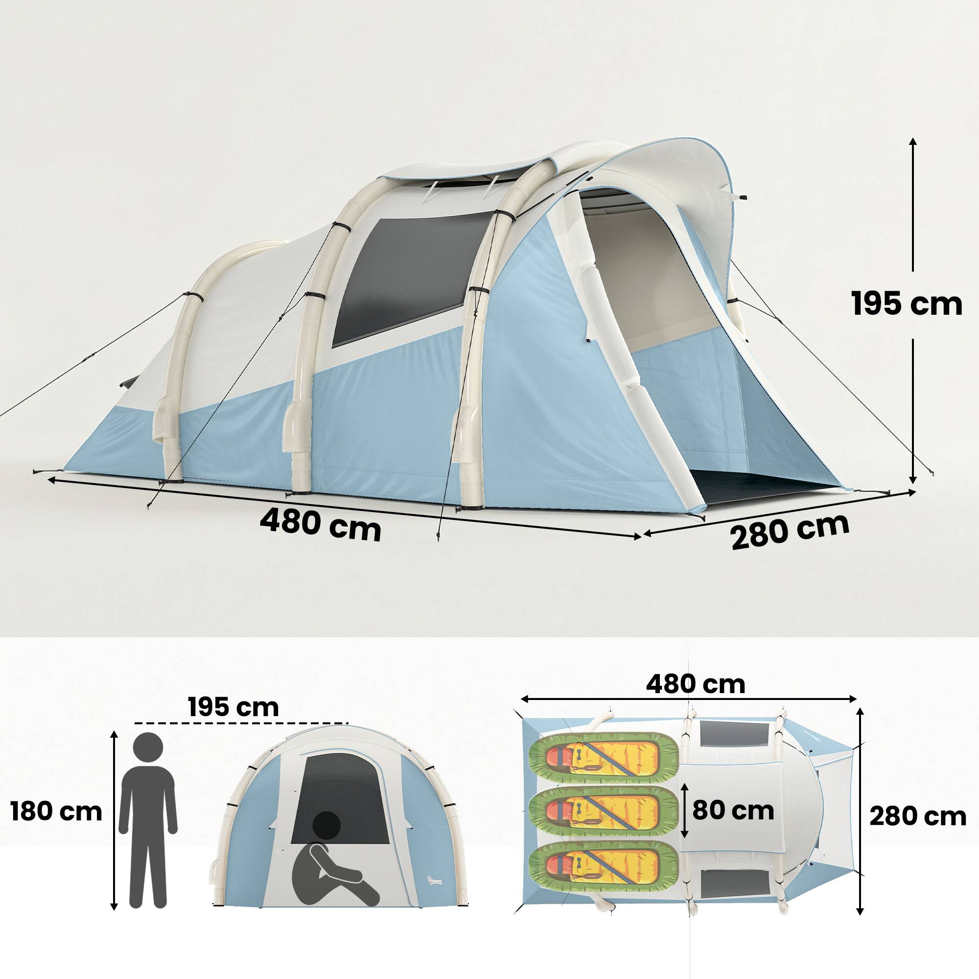 Tente gonflable 2-3 personnes pompe, chambre et séjour, imperméable 3000 mm, montage rapide, bleu clair - Image 5