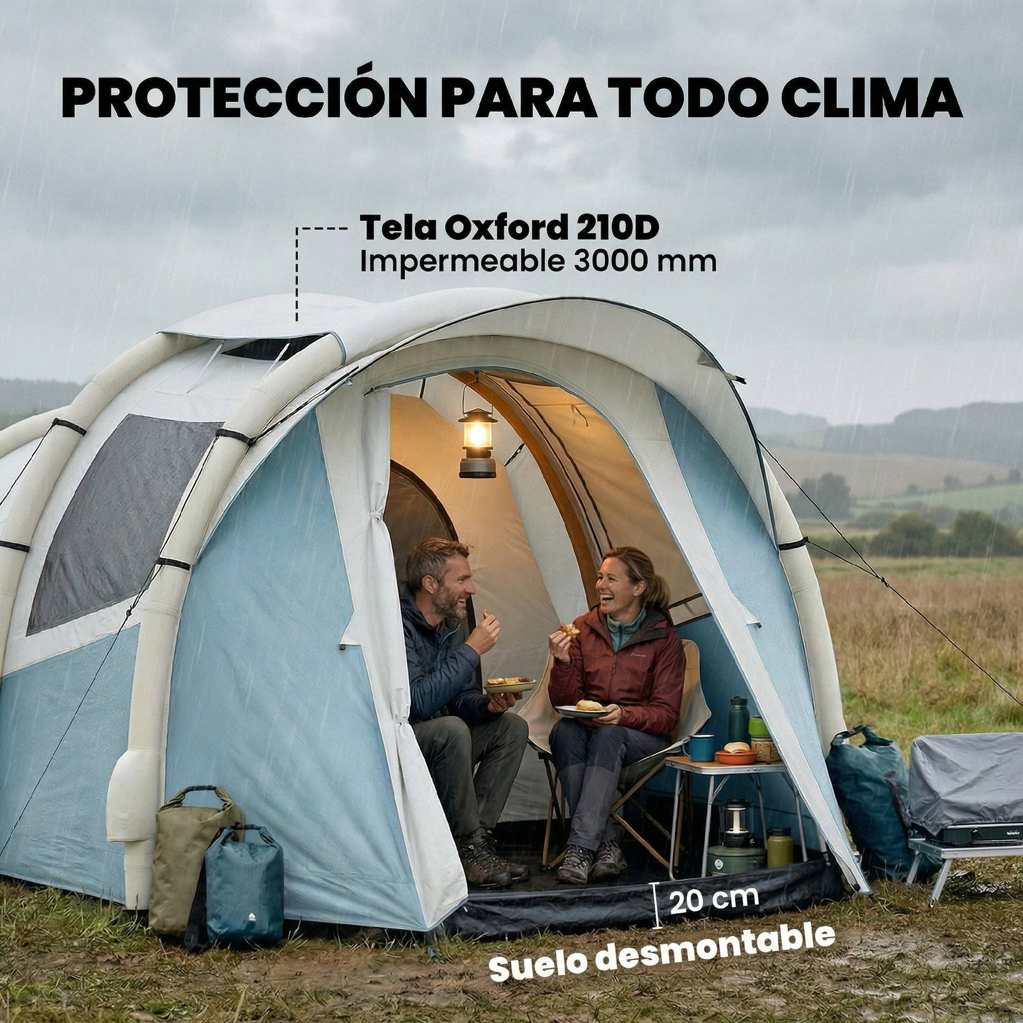 Tente gonflable 2-3 personnes pompe, chambre et séjour, imperméable 3000 mm, montage rapide, bleu clair - Image 9