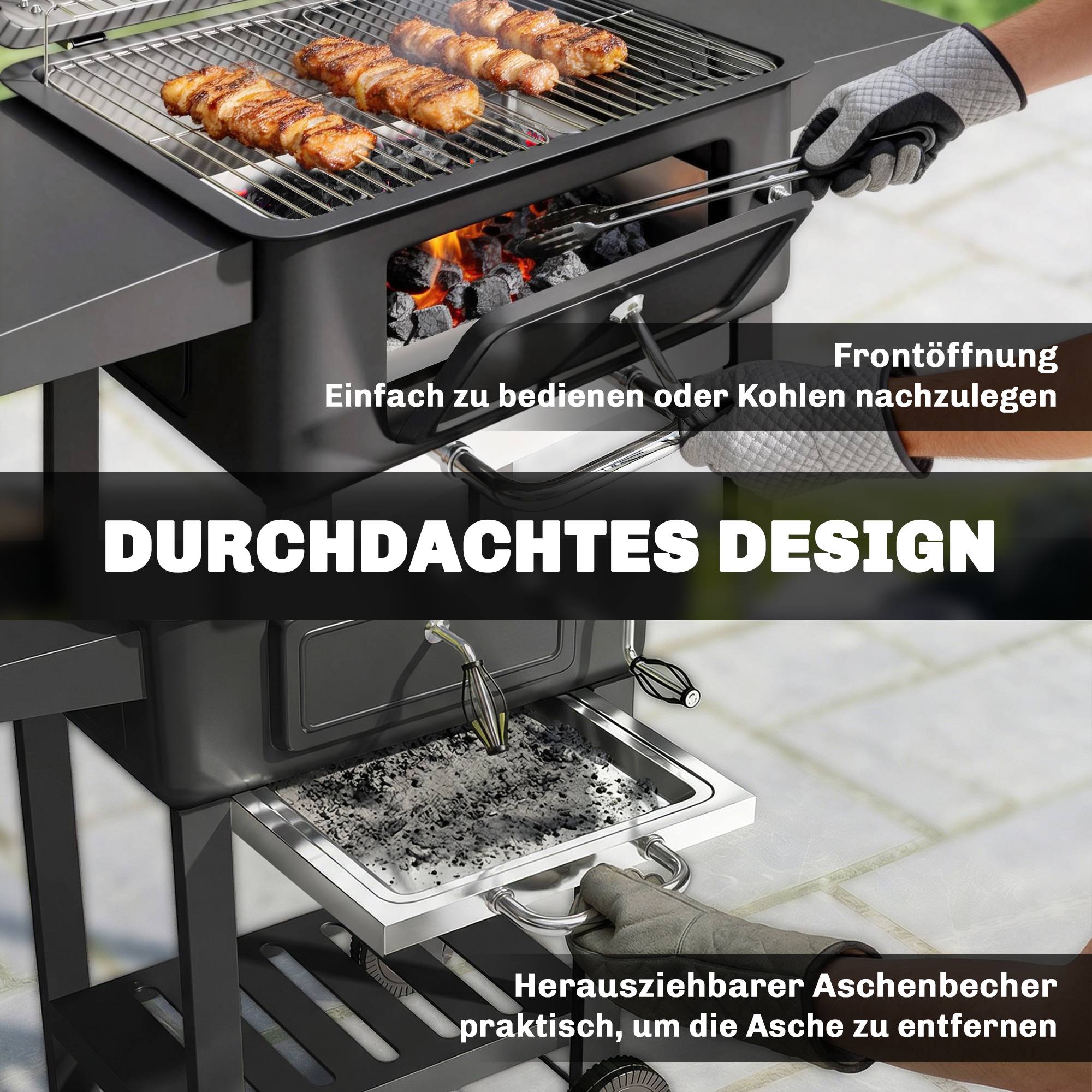 Barbecue à charbon fumoir avec couvercle, thermomètre, grille réglable, bac à charbon, grille de cuisson, table latérale et bac à cendres - Image 10