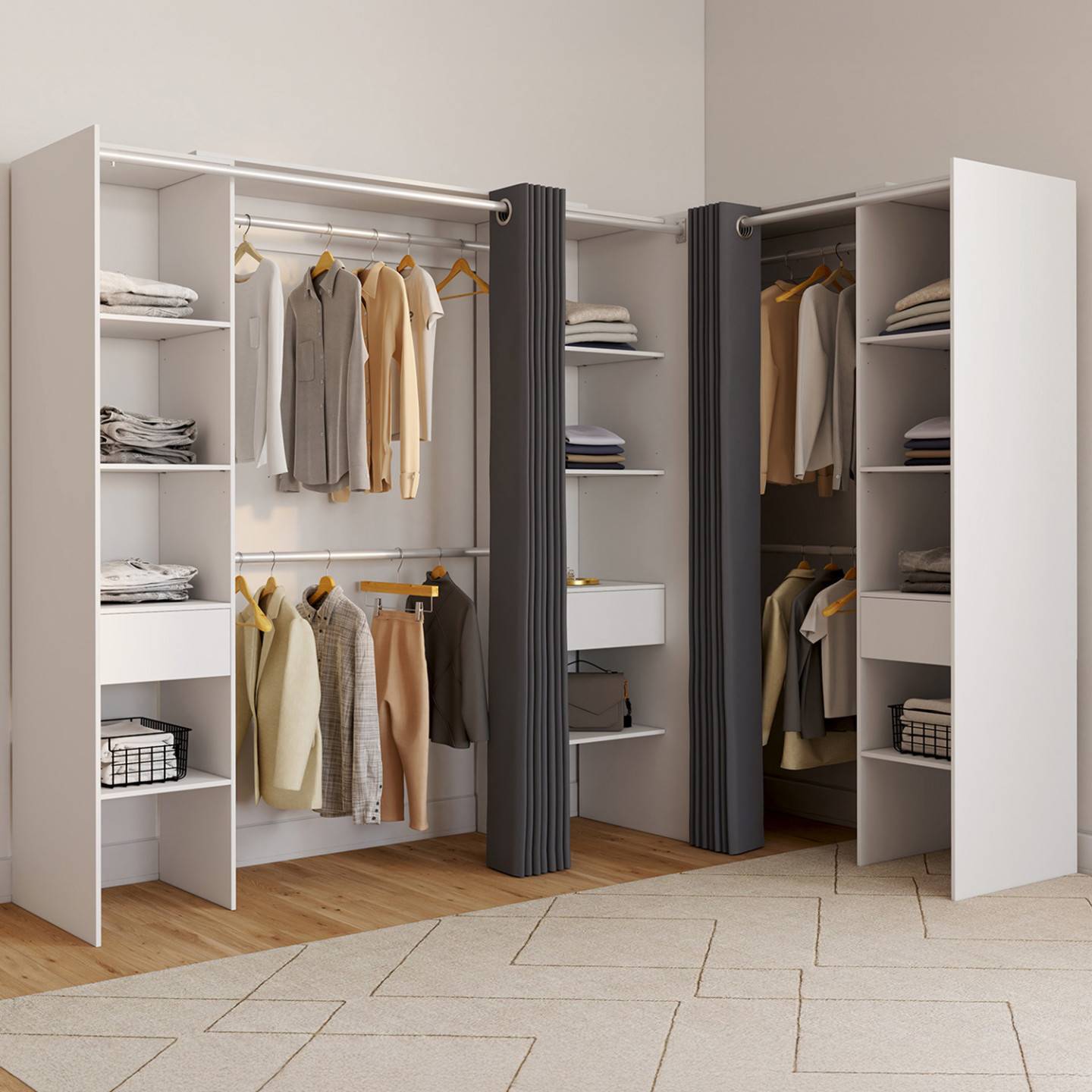 Dressing extensible d'angle MARLON 230 x 140 x 180 cm blanc avec penderies + étagères + rideaux gris - Image 1