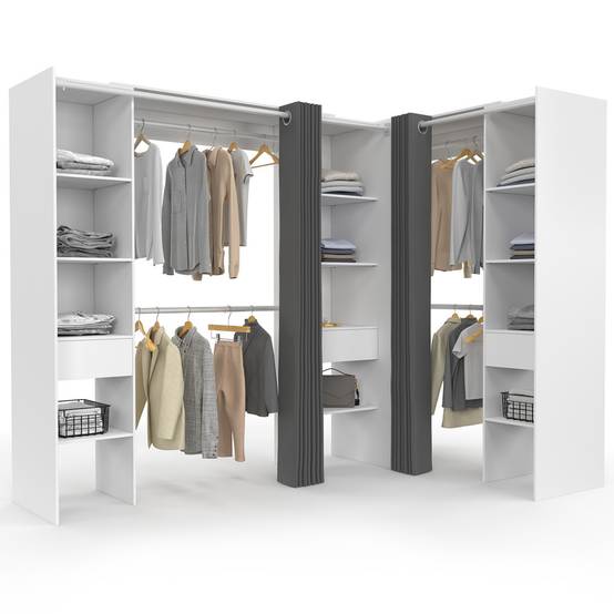 Dressing extensible d'angle MARLON 230 x 140 x 180 cm blanc avec penderies + étagères + rideaux gris - Image 2