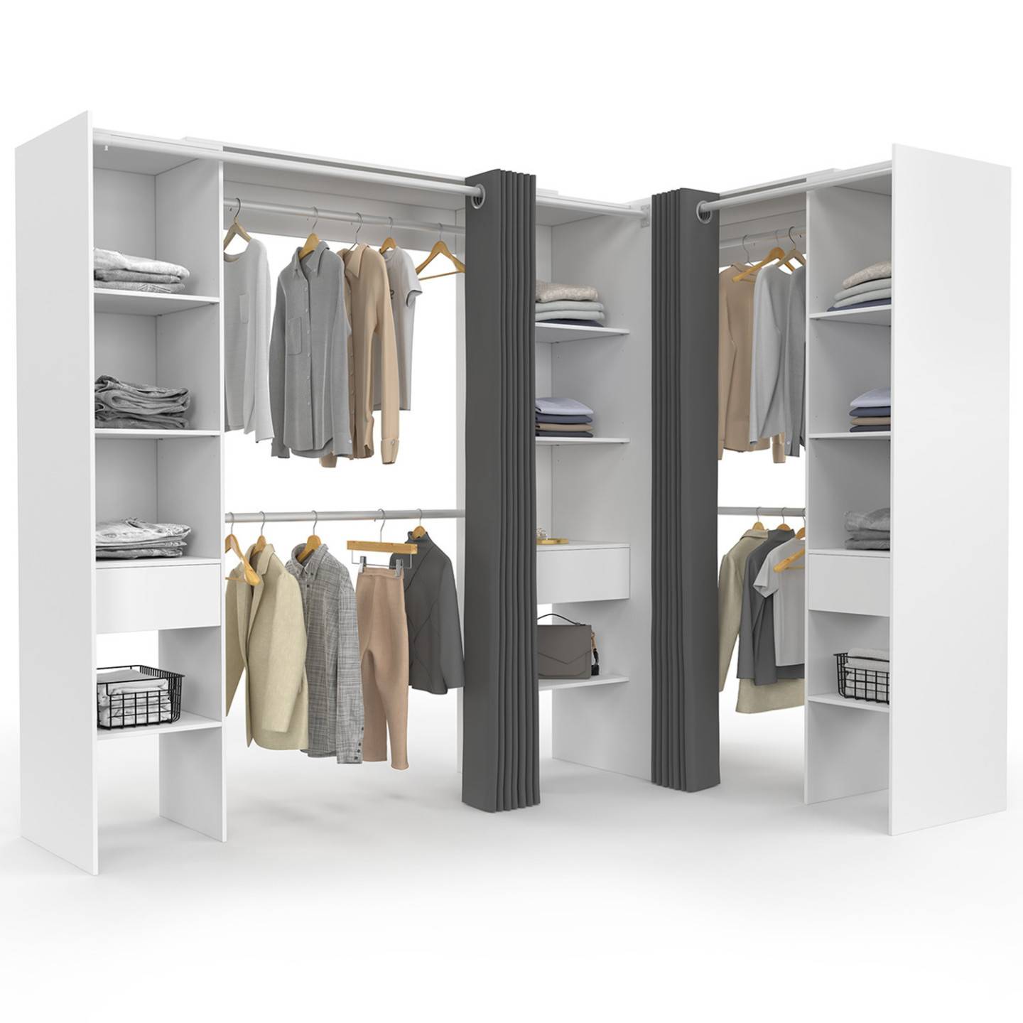 Dressing extensible d'angle MARLON 230 x 140 x 180 cm blanc avec penderies + étagères + rideaux gris - Image 2