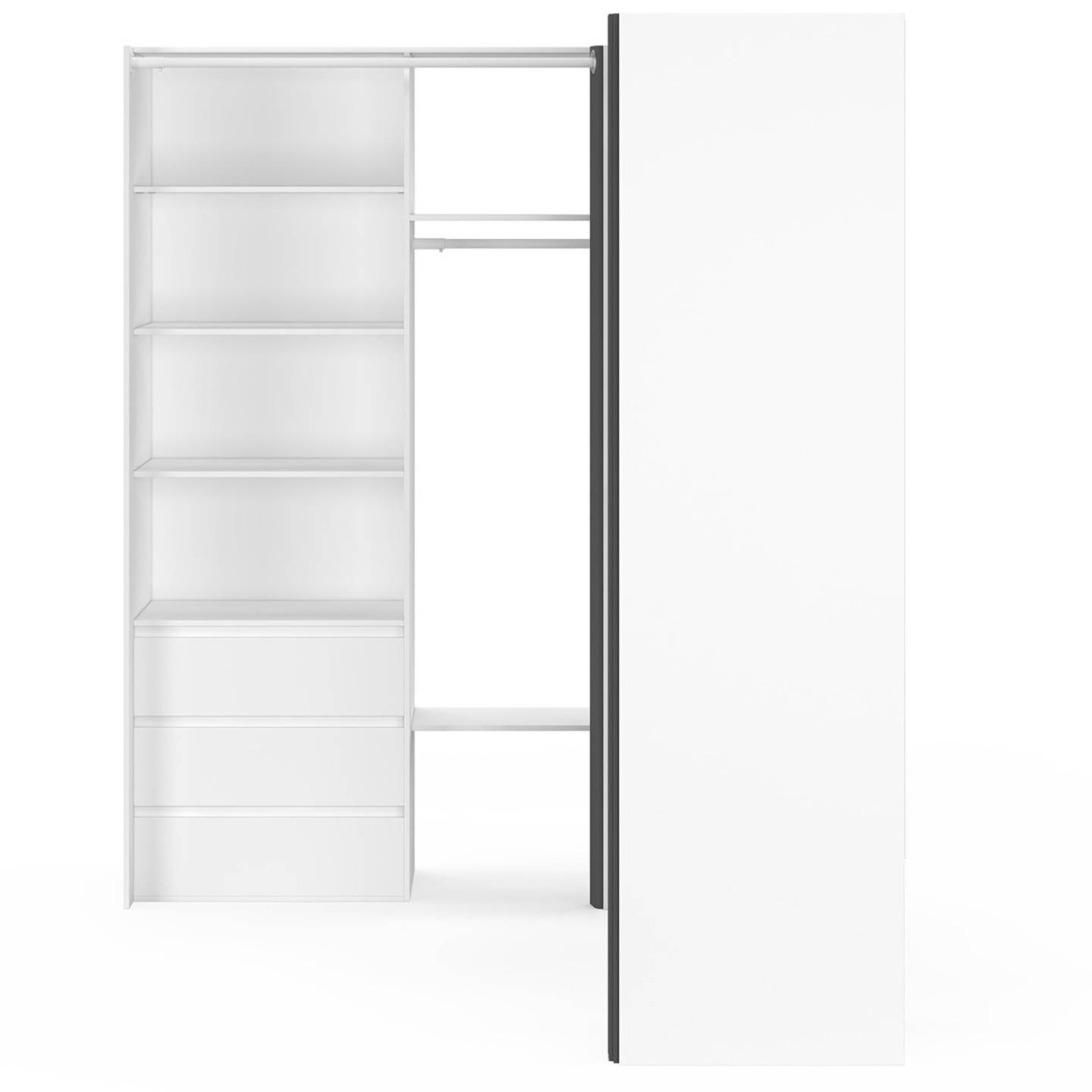 Dressing extensible d'angle MARLON 230 x 140 x 180 cm blanc avec penderies + étagères + rideaux gris - Image 3
