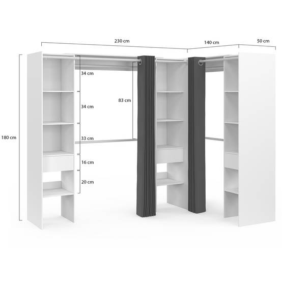 Dressing extensible d'angle MARLON 230 x 140 x 180 cm blanc avec penderies + étagères + rideaux gris - Image 4