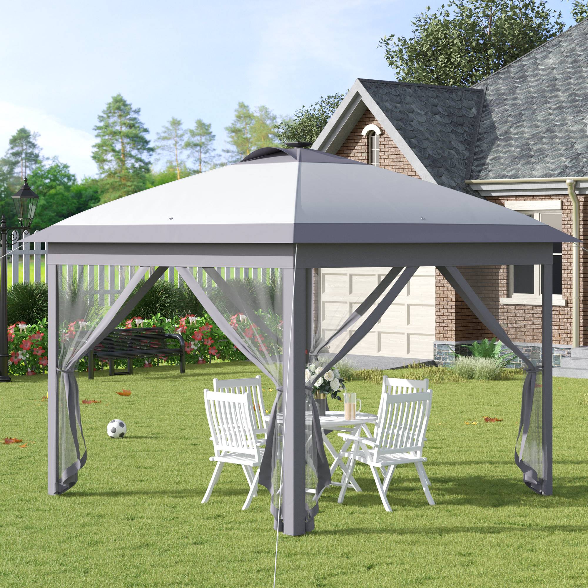 Tonnelle Pliante Pop-Up Métal Jardin LED Solaire Moustiquaire 3,3x3,3m Gris - ComfortXL Outdoor Living - Image 1