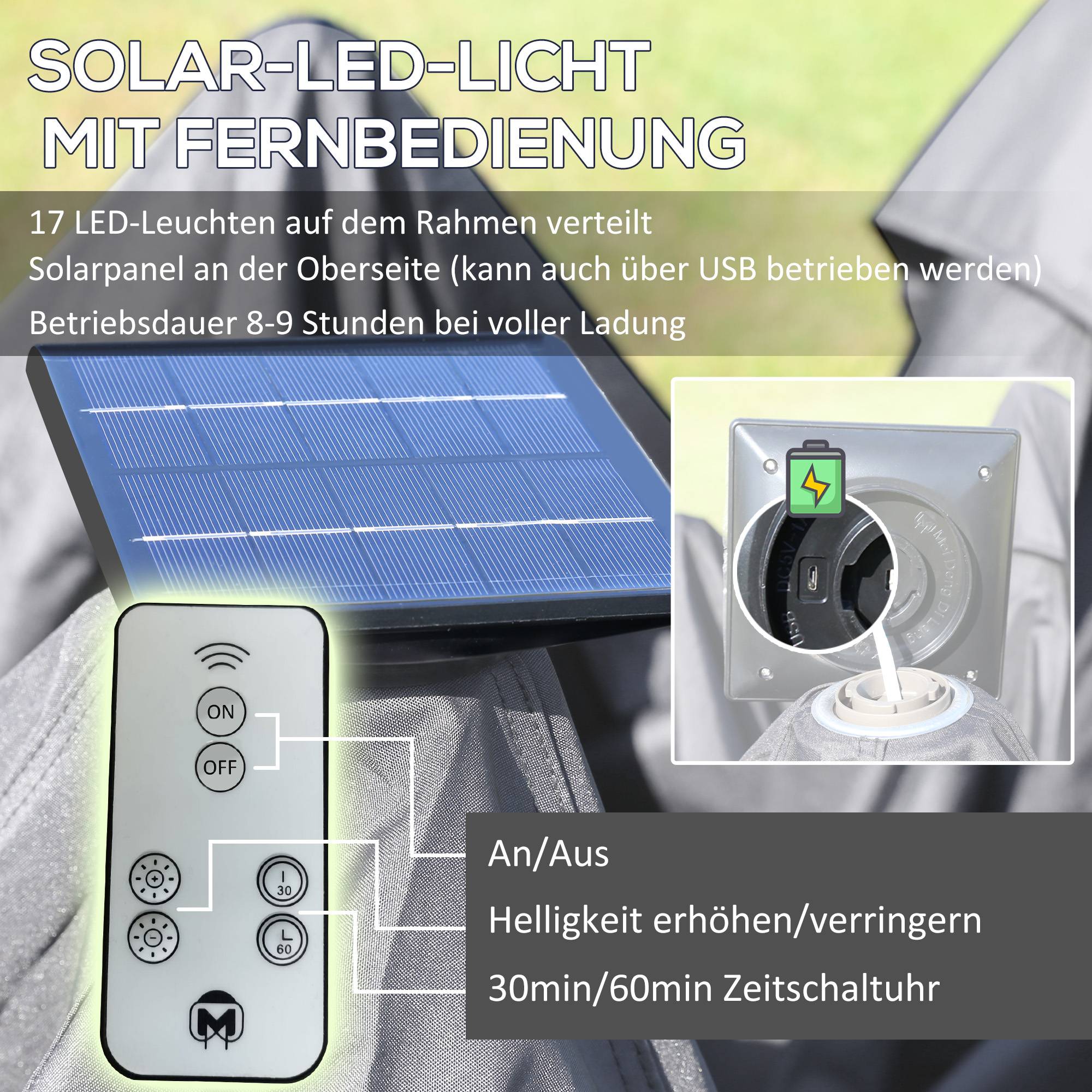 Tonnelle Pliante Pop-Up Métal Jardin LED Solaire Moustiquaire 3,3x3,3m Gris - ComfortXL Outdoor Living - Image 4