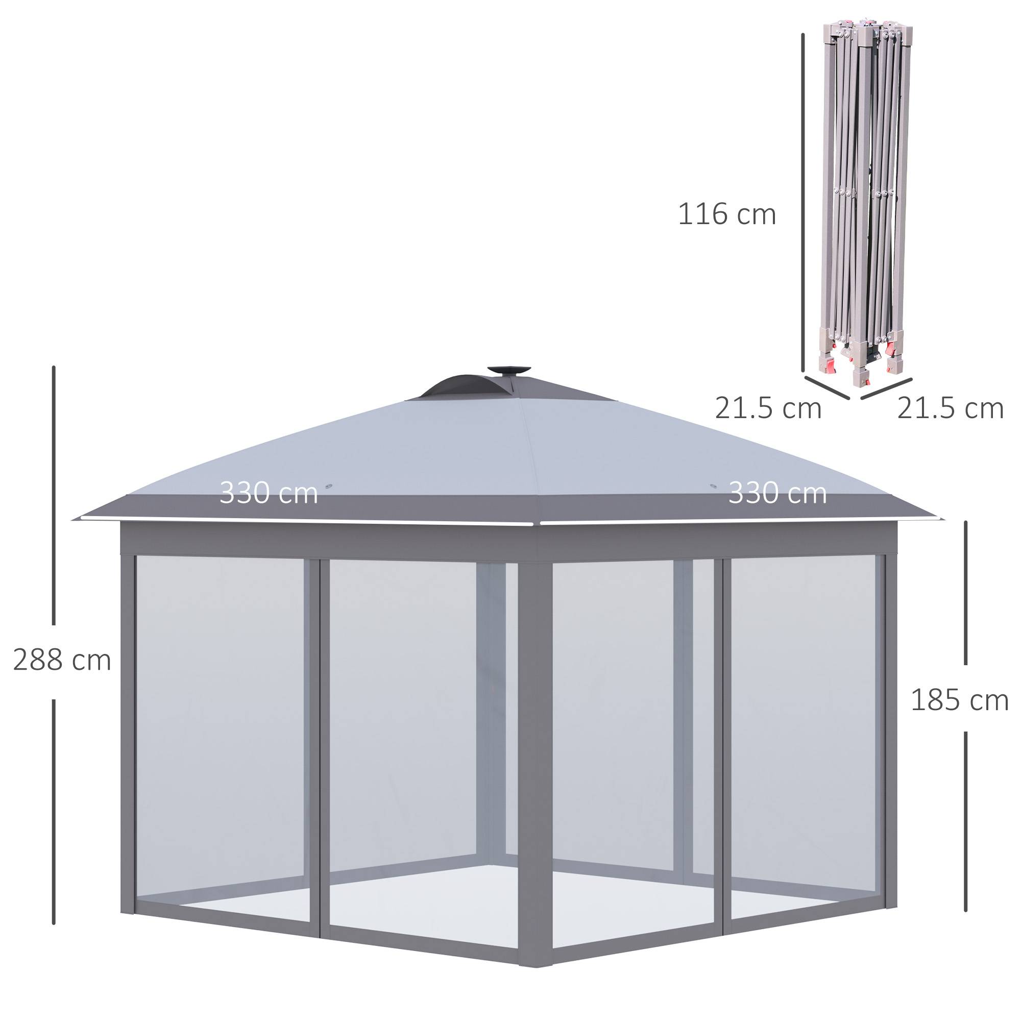 Tonnelle Pliante Pop-Up Métal Jardin LED Solaire Moustiquaire 3,3x3,3m Gris - ComfortXL Outdoor Living - Image 3