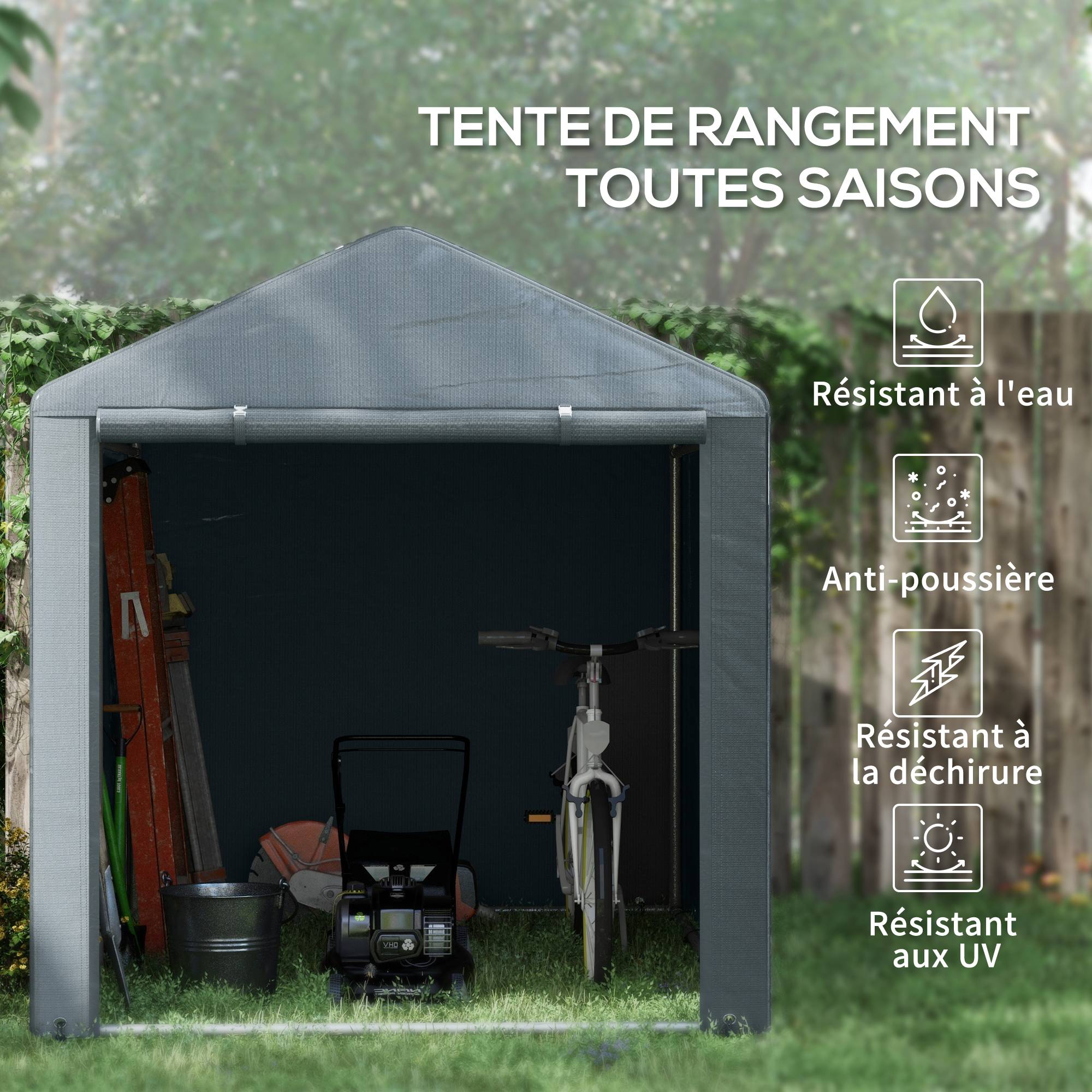 ComfortXL - Tente de stockage toile PE extérieur garage vélos outils porte zippée 160x218x172cm gris - ComfortXL Outdoor Living - Image 6