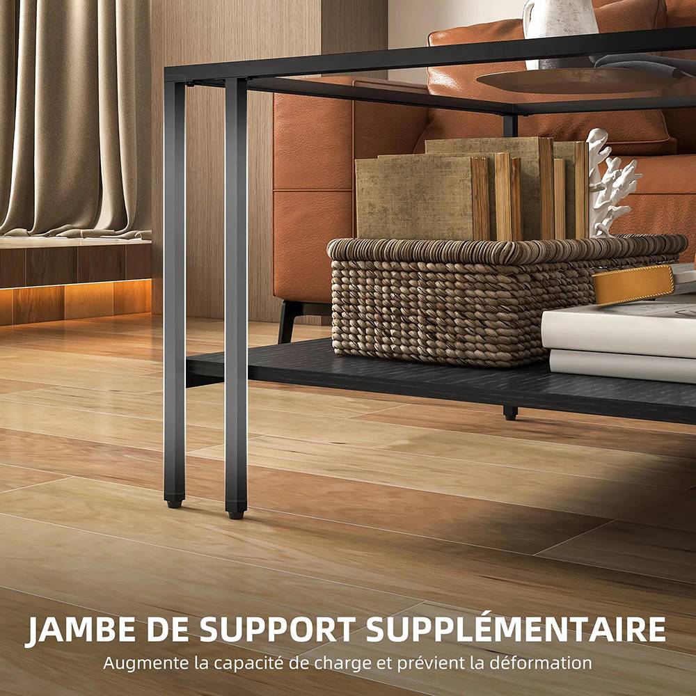 Table basse carrée 2 niveaux avec plateau en verre trempé, 1 étagère, 73l x 73P x 46,5H cm, noir - Image 8
