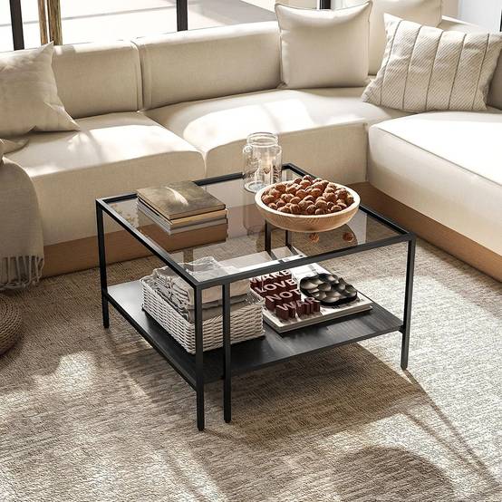 Table basse carrée 2 niveaux avec plateau en verre trempé, 1 étagère, 73l x 73P x 46,5H cm, noir - Image 3