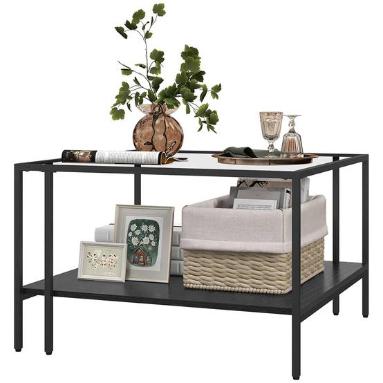 Table basse carrée 2 niveaux avec plateau en verre trempé, 1 étagère, 73l x 73P x 46,5H cm, noir - Image 1