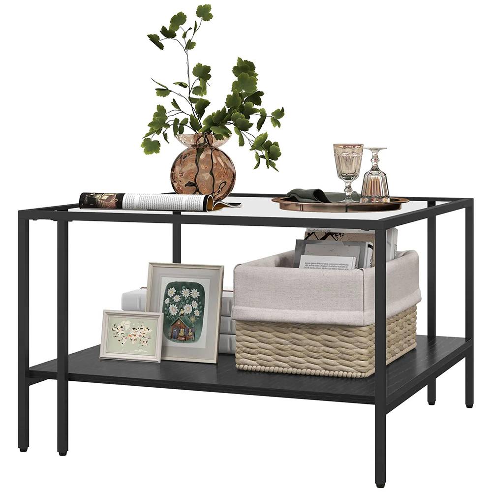 Table basse carrée 2 niveaux avec plateau en verre trempé, 1 étagère, 73l x 73P x 46,5H cm, noir - Image 1