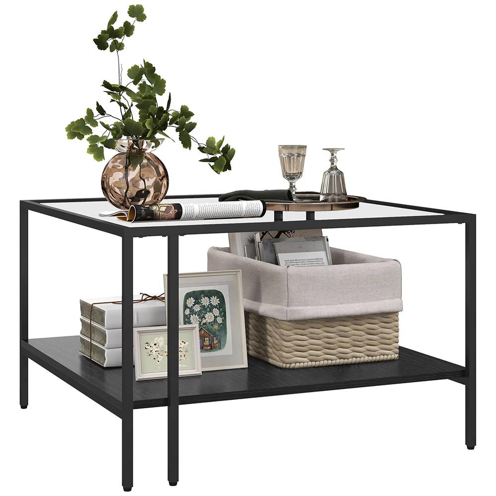 Table basse carrée 2 niveaux avec plateau en verre trempé, 1 étagère, 73l x 73P x 46,5H cm, noir - Image 6