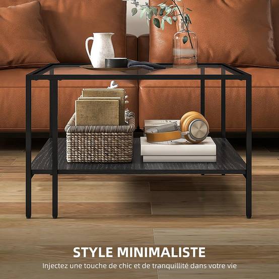 Table basse carrée 2 niveaux avec plateau en verre trempé, 1 étagère, 73l x 73P x 46,5H cm, noir - Image 4
