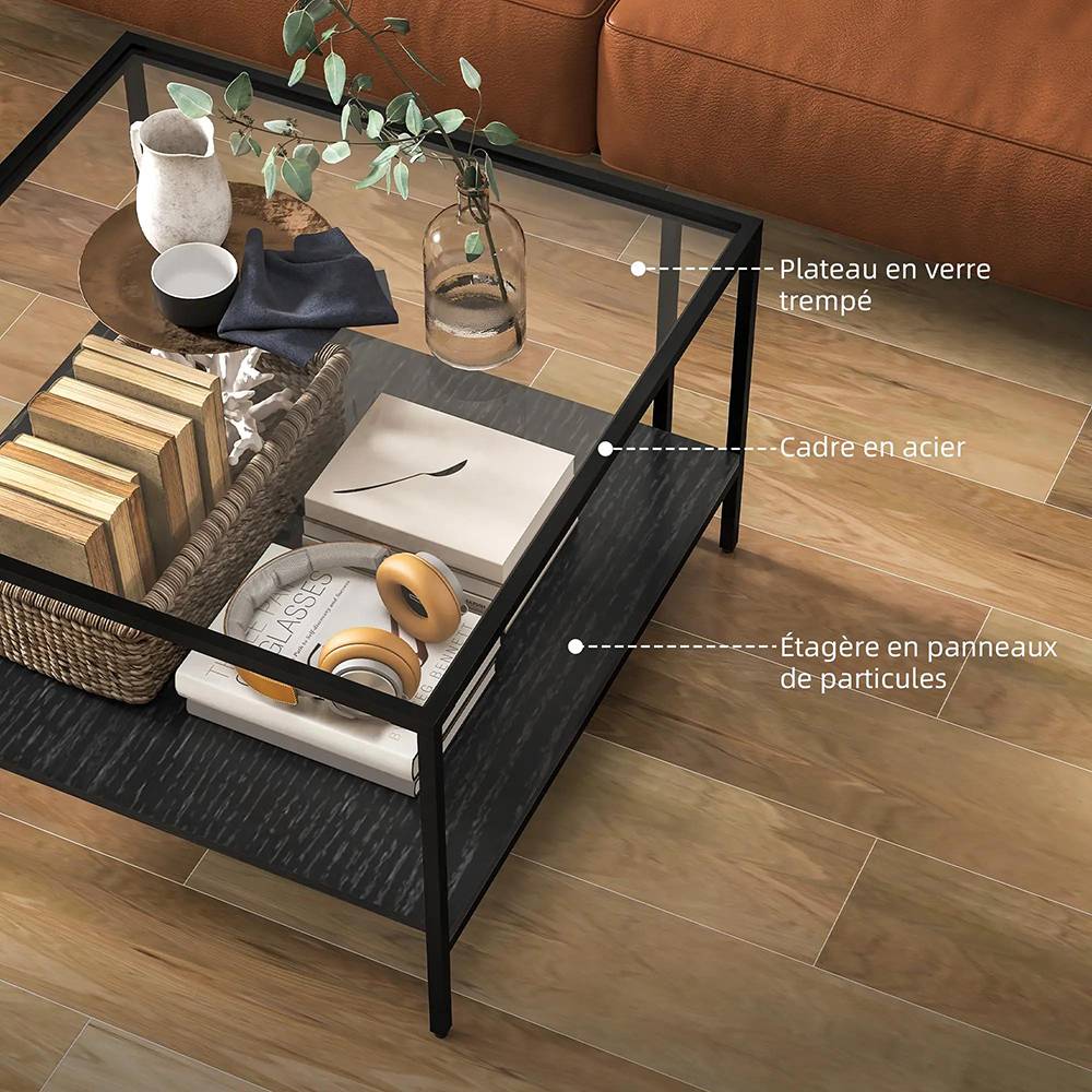 Table basse carrée 2 niveaux avec plateau en verre trempé, 1 étagère, 73l x 73P x 46,5H cm, noir - Image 7