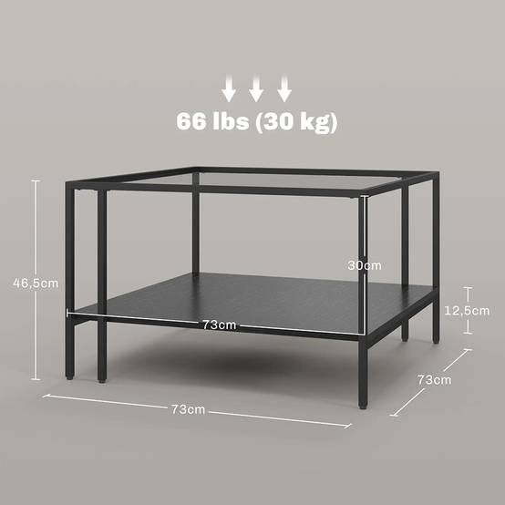 Table basse carrée 2 niveaux avec plateau en verre trempé, 1 étagère, 73l x 73P x 46,5H cm, noir - Image 5