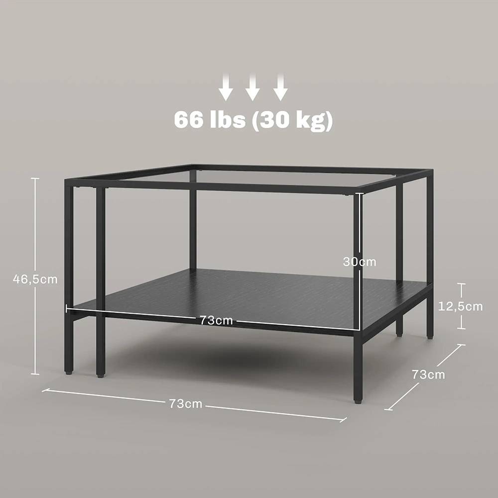 Table basse carrée 2 niveaux avec plateau en verre trempé, 1 étagère, 73l x 73P x 46,5H cm, noir - Image 5