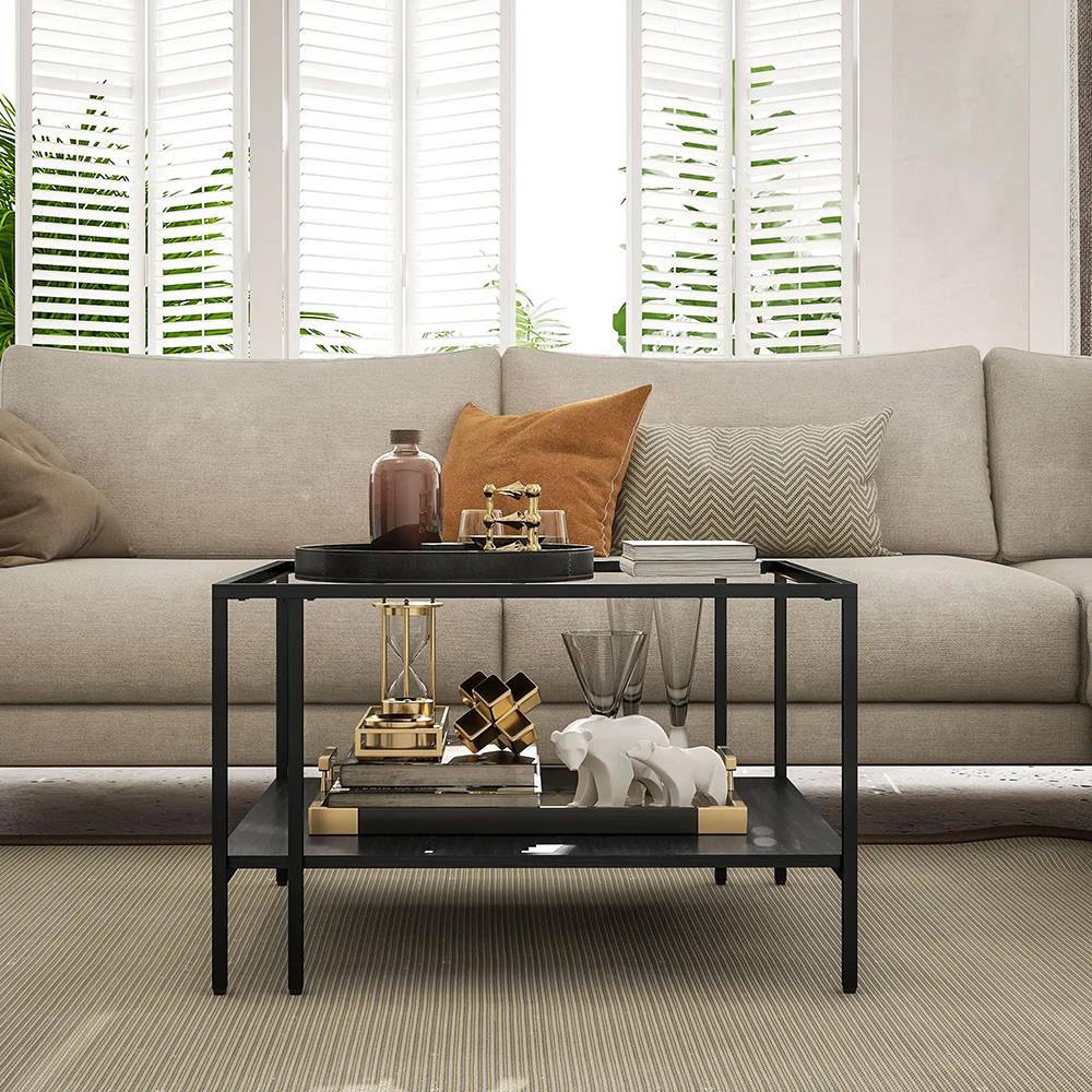 Table basse carrée 2 niveaux avec plateau en verre trempé, 1 étagère, 73l x 73P x 46,5H cm, noir - Image 2