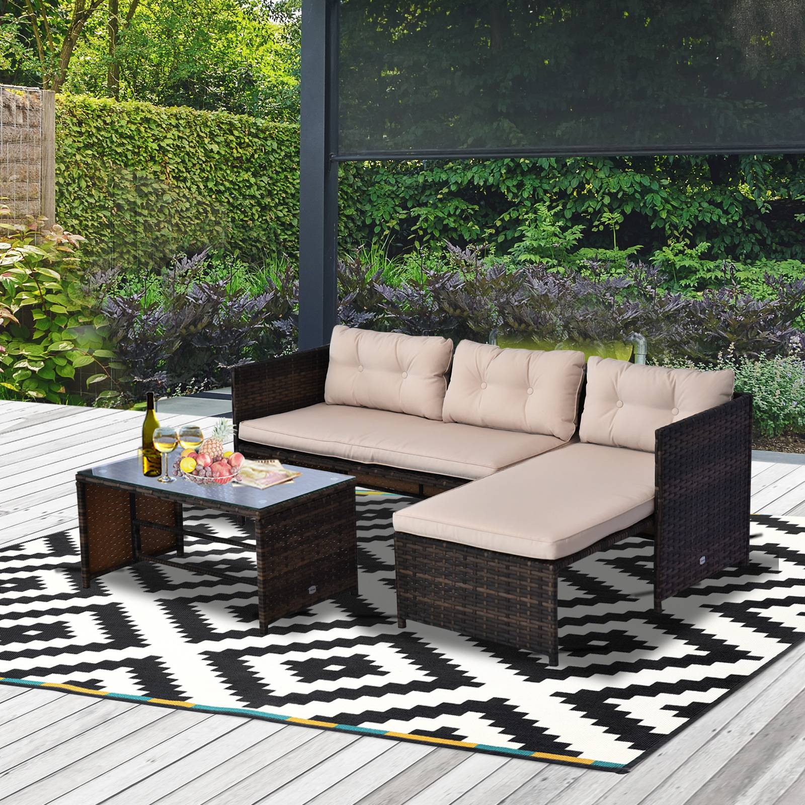 Outsunny - Ensemble salon de jardin 2 pièces canapé d'angle 4 places + table basse plateau verre trempé + 5 coussins résine tressée brun - Outsunny - Image 2