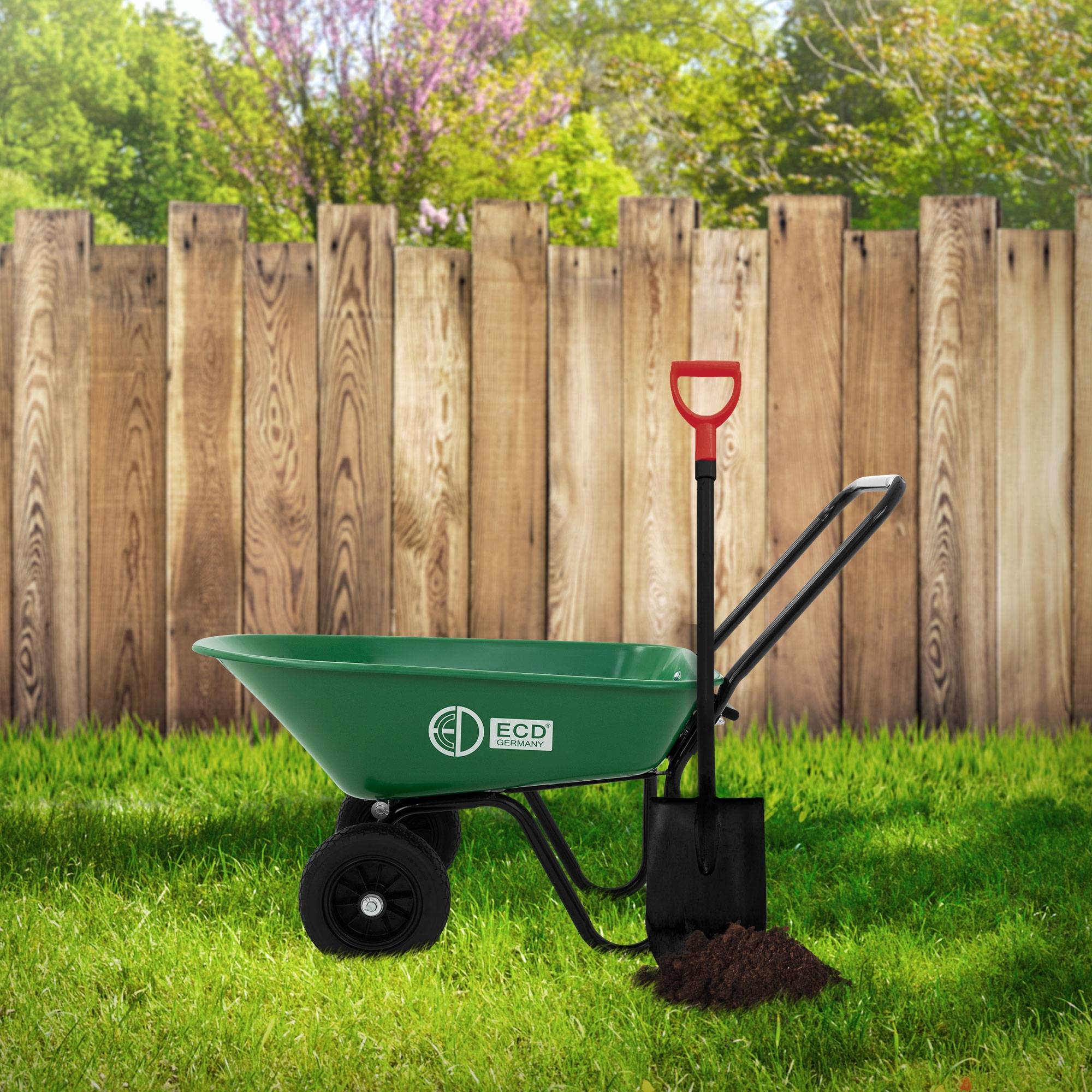 Chariot à brouette 78L avec fonction de basculement avec cadre en acier 2 pneus PU et bac en PP charge de 100 kg pour extérieur chantier jardin cour - Image 3