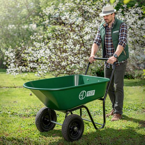 Chariot à brouette 78L avec fonction de basculement avec cadre en acier 2 pneus PU et bac en PP charge de 100 kg pour extérieur chantier jardin cour - Image 2
