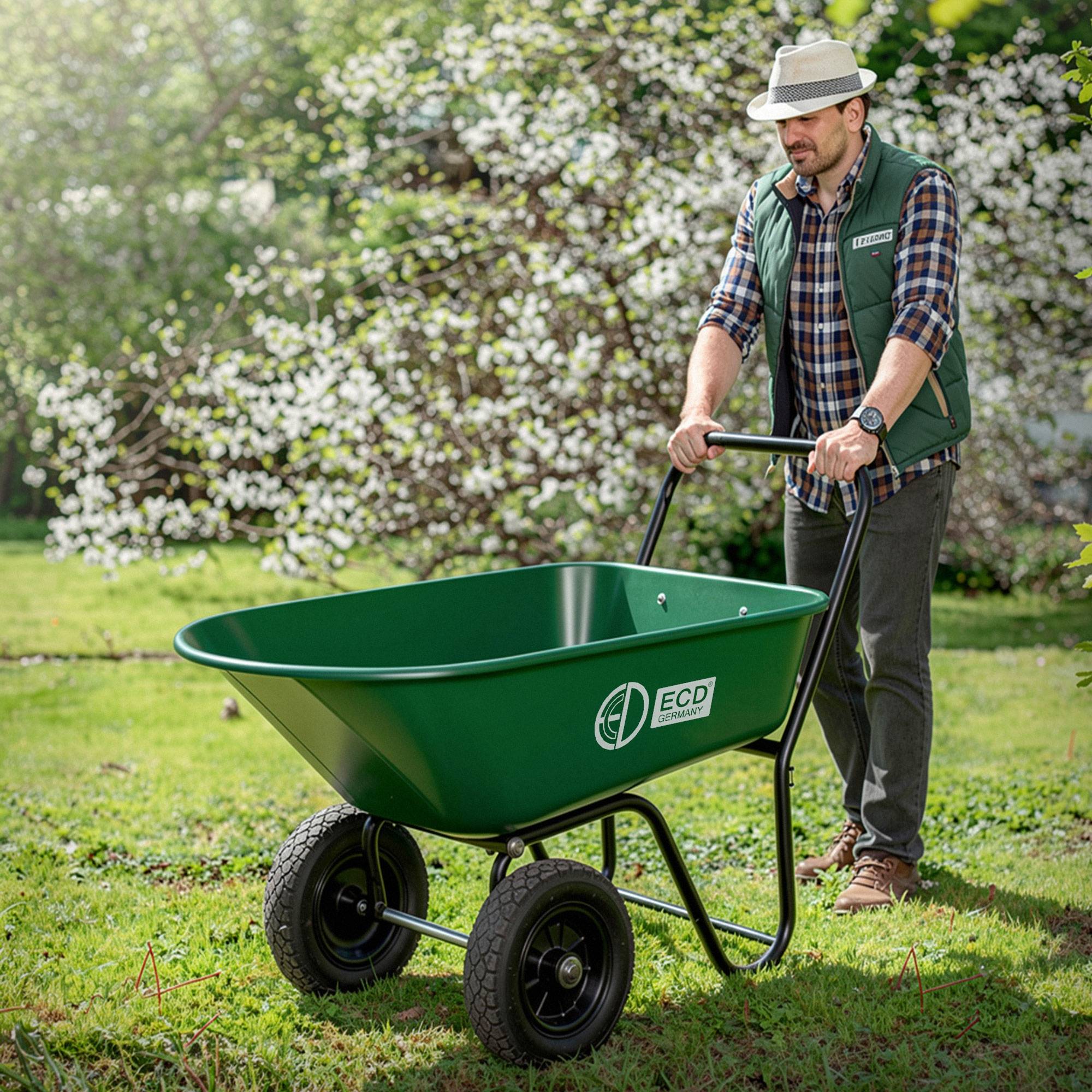 Chariot à brouette 78L avec fonction de basculement avec cadre en acier 2 pneus PU et bac en PP charge de 100 kg pour extérieur chantier jardin cour - Image 2