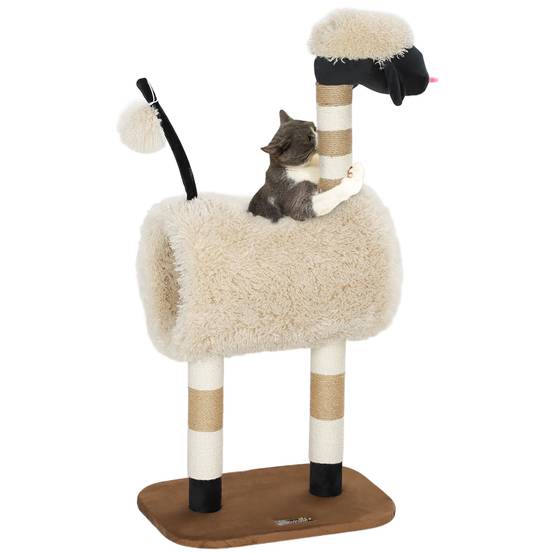 Arbre à chat bois et peluche marron clair 48 x 34 x 98 cm - PANGIVO - Image 1