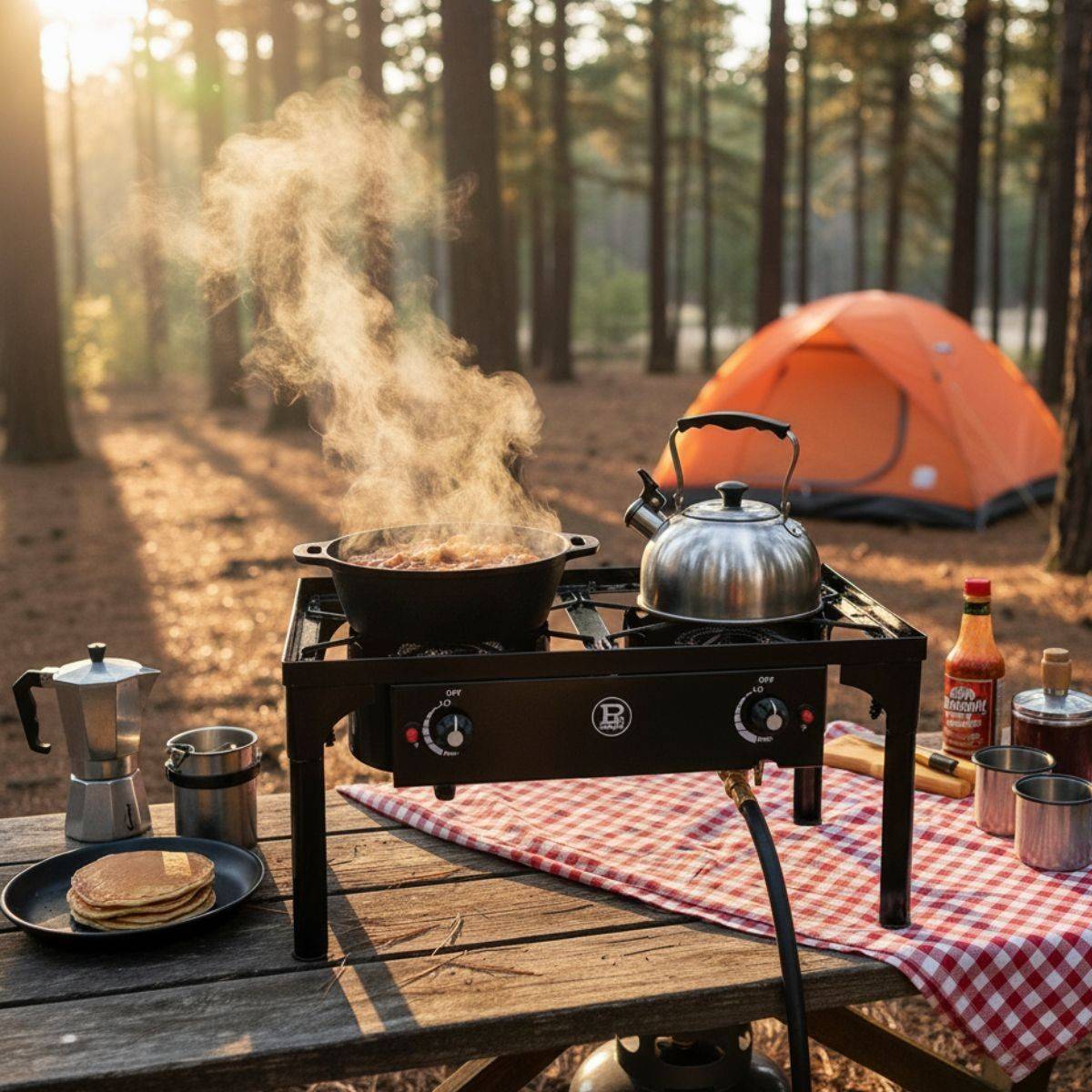 Réchaud à Gaz 2 Feux 9KW 4 pieds Bruleurs en fonte Modulable en 3 Hauteurs - Cuisine Extérieure 74.5 x 40 x H80cm Allumage Piezo - Image 5