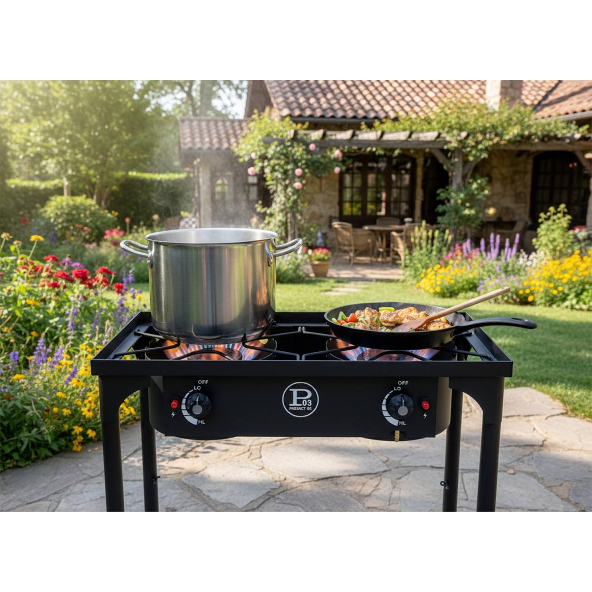Réchaud à Gaz 2 Feux 9KW 4 pieds Bruleurs en fonte Modulable en 3 Hauteurs - Cuisine Extérieure 74.5 x 40 x H80cm Allumage Piezo - Image 4