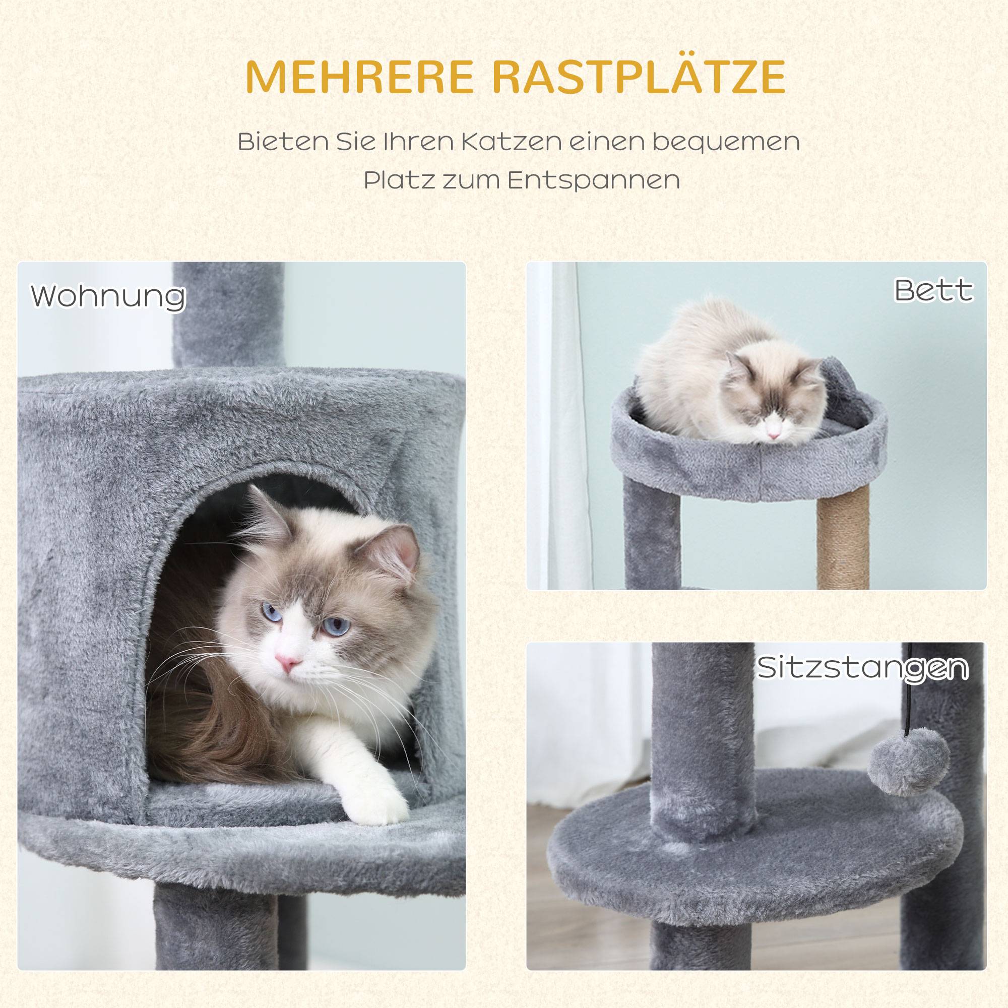 Sans Marque - Arbre à chat de 104 cm avec niche, balles de jeu, griffoir et poteaux à griffer en sisal, pour chats jusqu'à 4,5 kg, gris. - Image 5