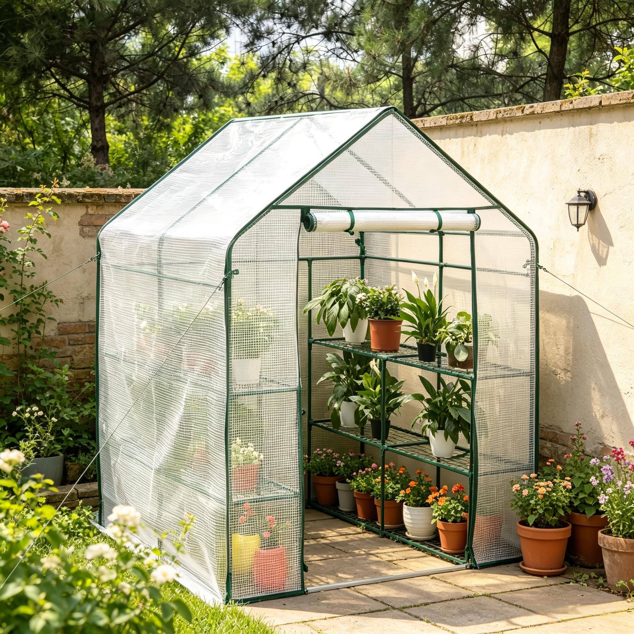 Serre de jardin PE et acier pour tomates et plantes protection hivernage 143x143x195cm Blanc - ComfortXL Outdoor Living - Image 7
