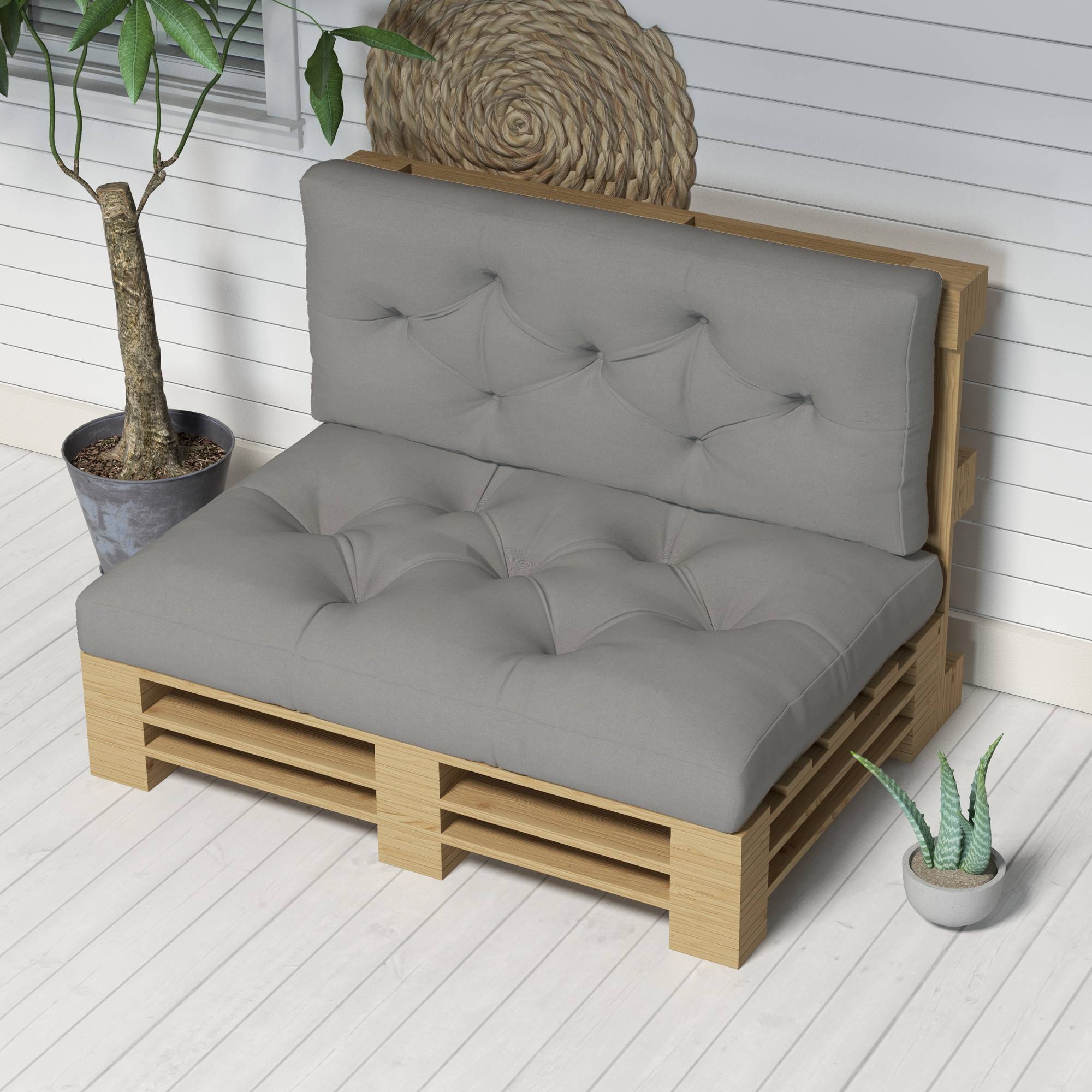 ComfortXL - Coussin palette polyester 120 x 80 cm gris clair intérieur extérieur assise épaisse avec dossier capitonné - Image 7