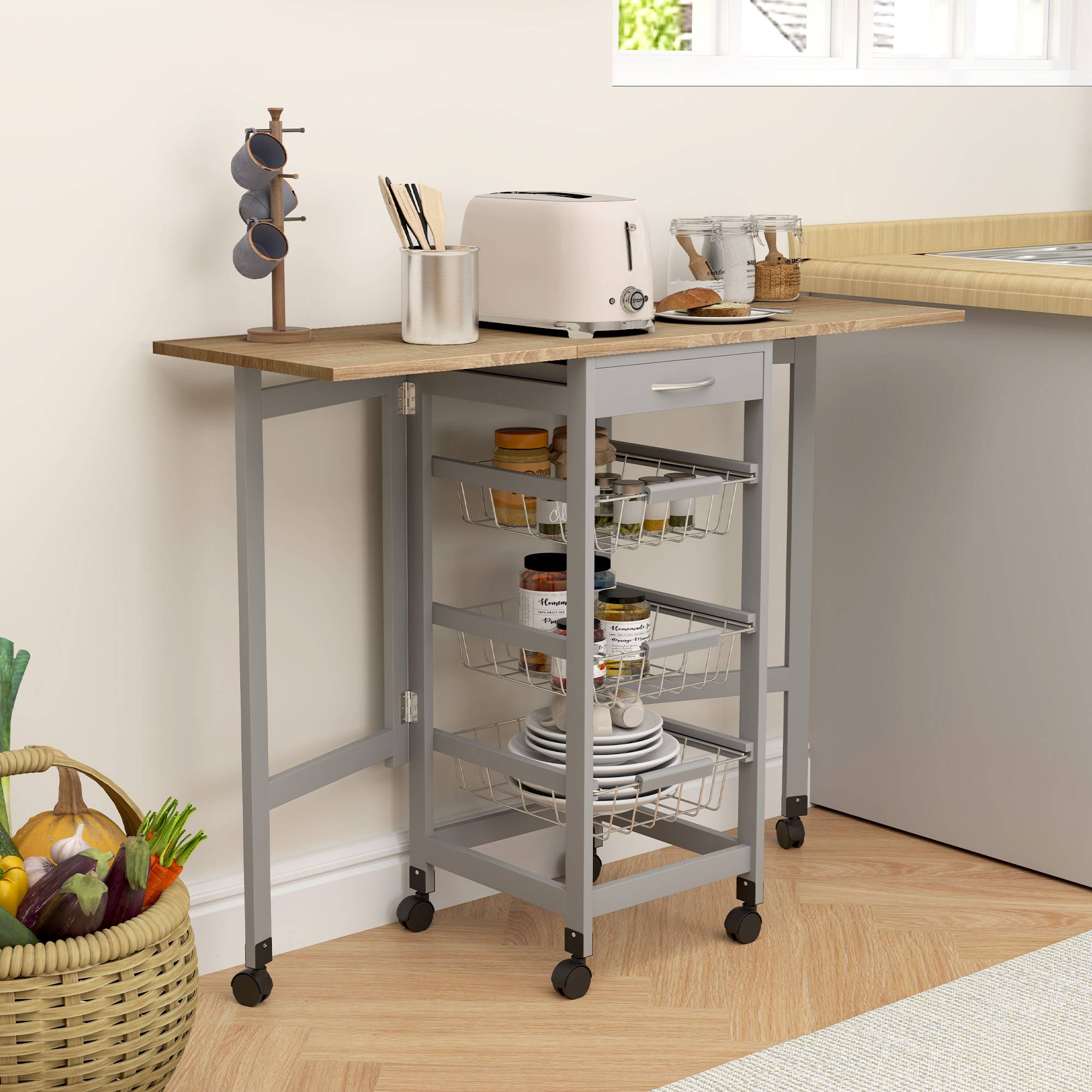 Sans Marque - Chariot cuisine 3 paniers tiroir 2 rabats bois métal 37x37x77,5 cm gris chêne - Image 3