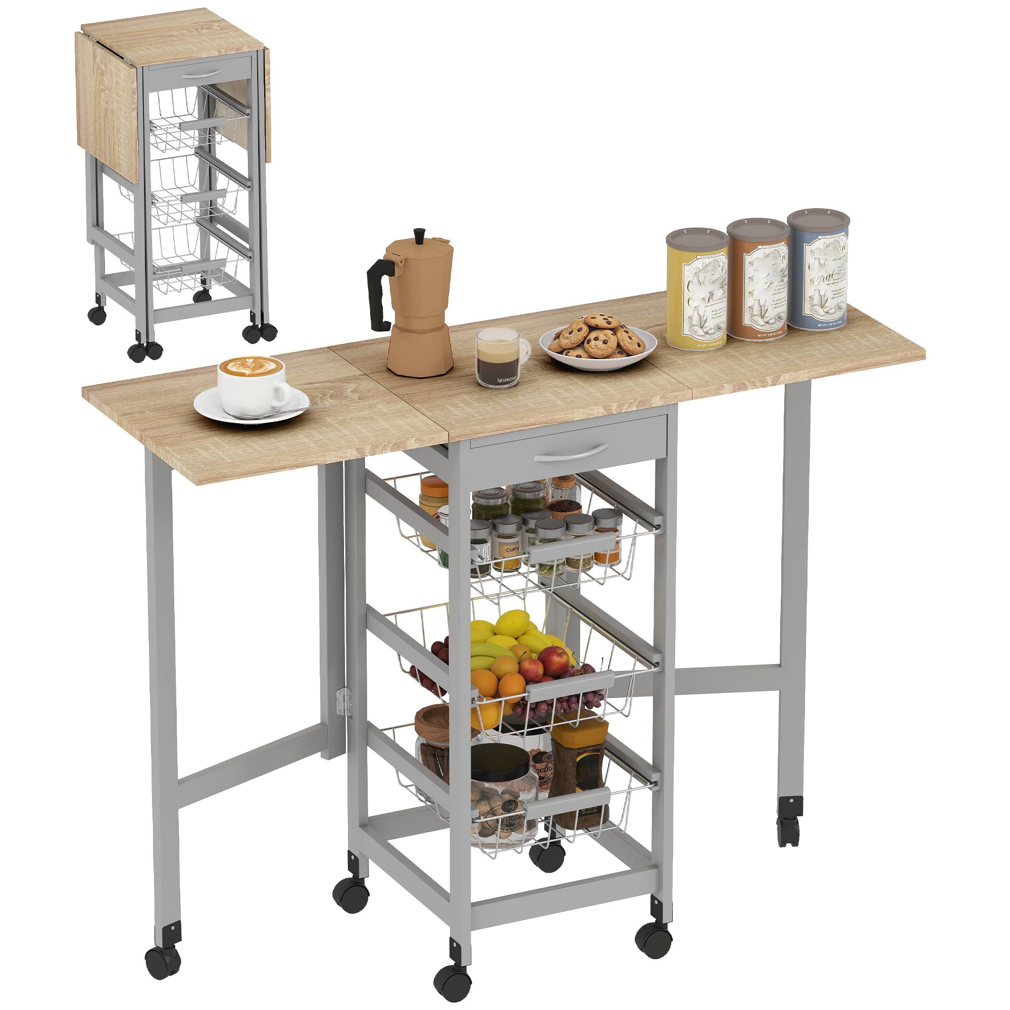 Sans Marque - Chariot cuisine 3 paniers tiroir 2 rabats bois métal 37x37x77,5 cm gris chêne - Image 1