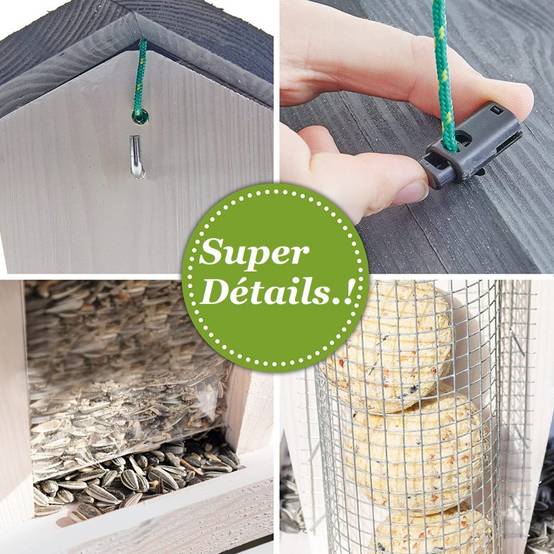 Mangeoire oiseaux extérieur à suspendre pour oiseaux sauvages pour jardin balcon Distributeur de graines 324 Cabane Gris Blanc - Image 3