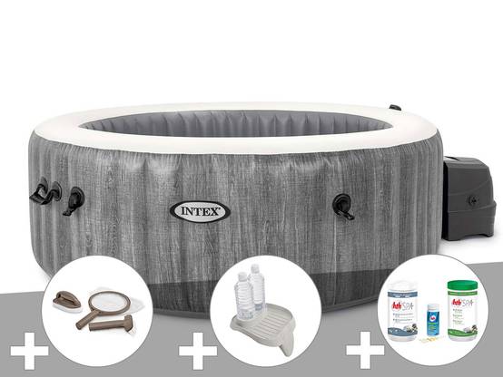 Kit spa gonflable Intex PureSpa Baltik rond Bulles 4 places + Kit d'entretien + Porte-verre + Kit de traitement brome