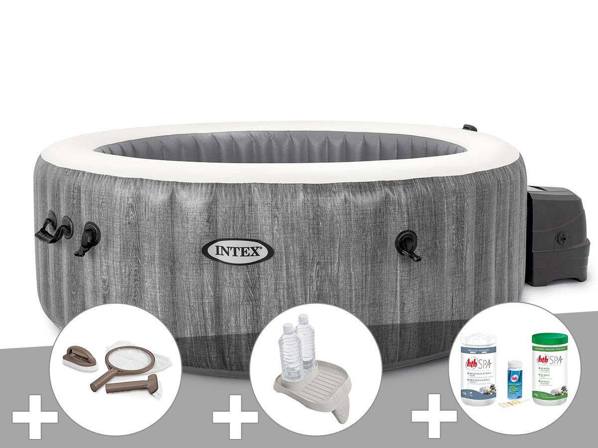 Kit spa gonflable Intex PureSpa Baltik rond Bulles 4 places + Kit d'entretien + Porte-verre + Kit de traitement brome