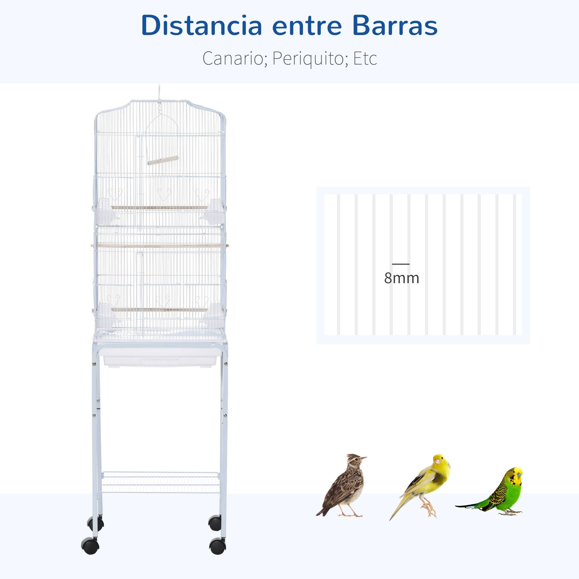 Cage à oiseaux avec support, cage en métal à roulettes, plateau et étagère amovibles, 46,5 x 36 x 157 cm, blanche - Image 6