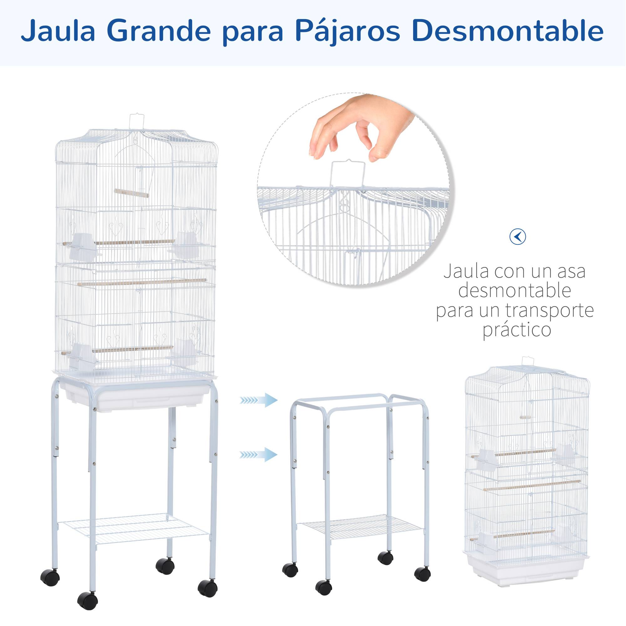 Cage à oiseaux avec support, cage en métal à roulettes, plateau et étagère amovibles, 46,5 x 36 x 157 cm, blanche - Image 7