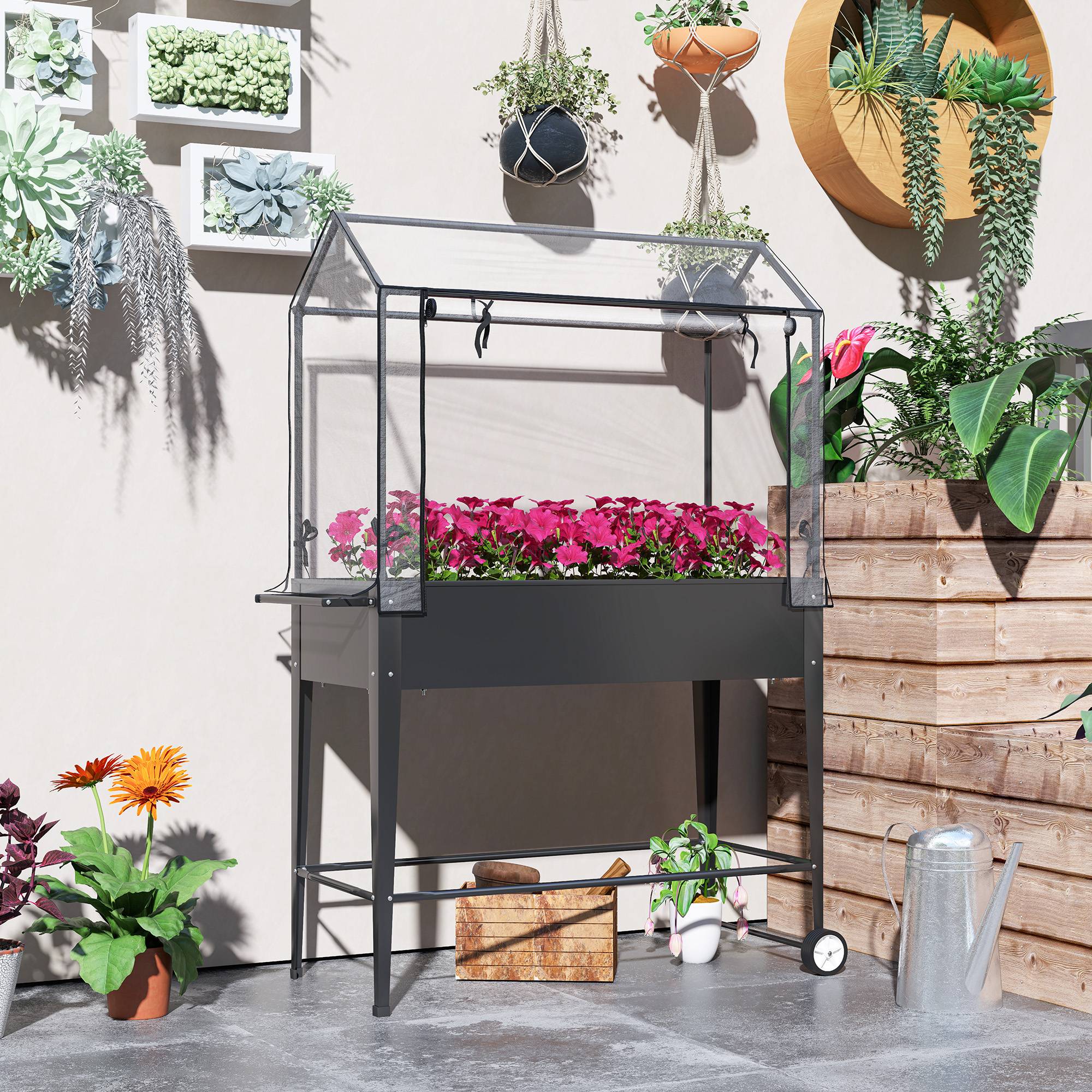 Carré potager sur pieds Métal pour balcon Serre avec bâche et roulettes 100x152cm - ComfortXL Outdoor Living - Image 4