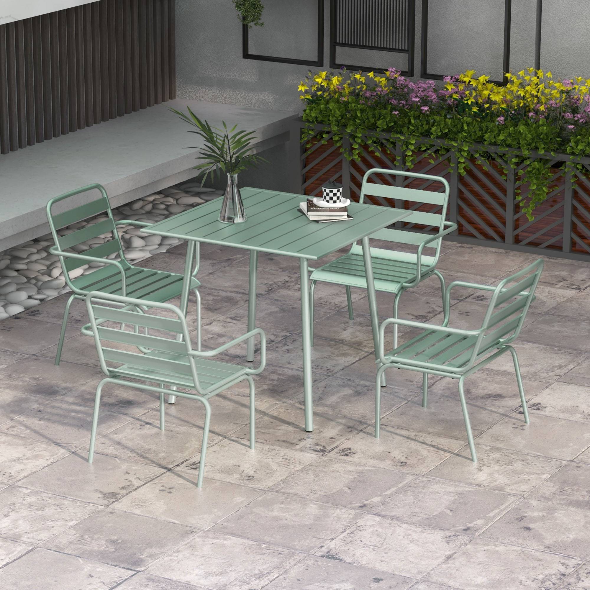 Outsunny - Salon de jardin 4 places 5 pièces - table à manger 4 chaises empilables - acier thermolaqué vert de gris - Outsunny - Image 2