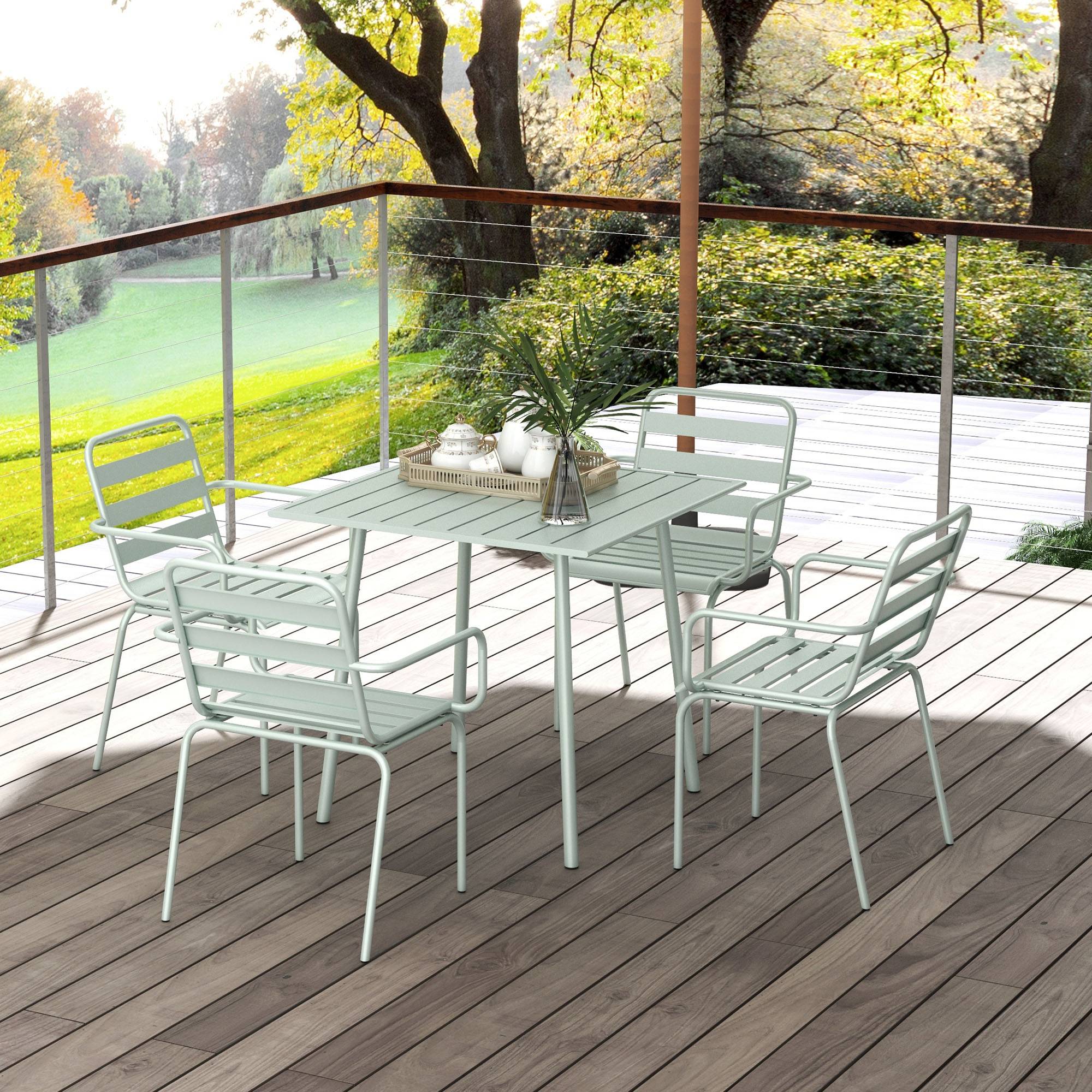 Outsunny - Salon de jardin 4 places 5 pièces - table à manger 4 chaises empilables - acier thermolaqué vert de gris - Outsunny - Image 4