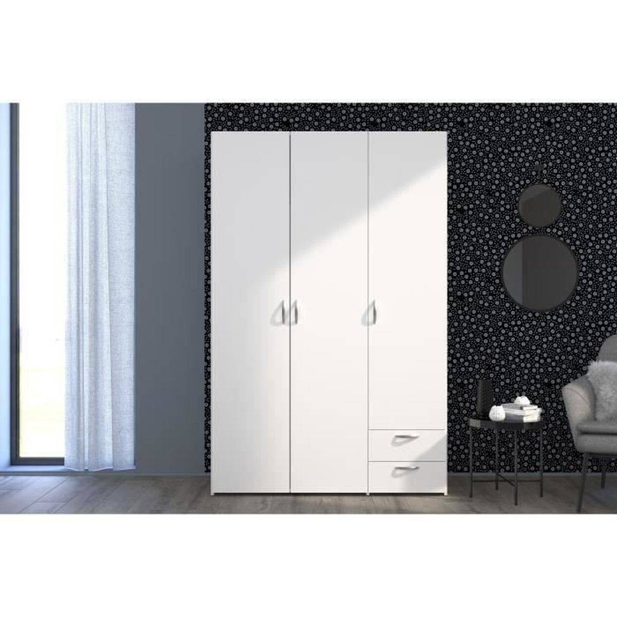 Armoire Varia décor blanc laqué, 3 portes battantes + 2 tiroirs, 120x185x51 cm - Parisot - Image 3