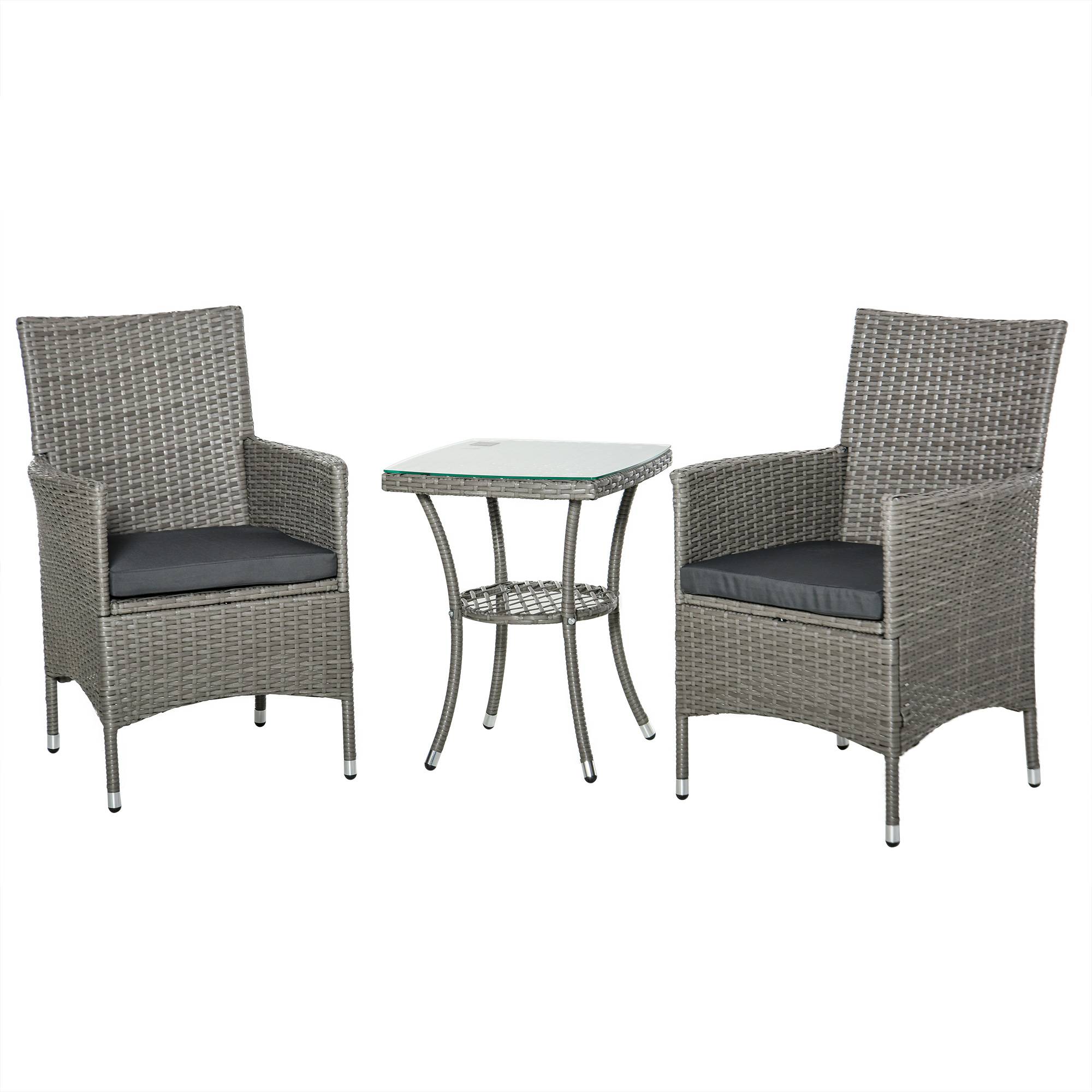 Outsunny - Ensemble salon de jardin 2 places : 2 fauteuils et table basse plateau verre trempé résine tressée imitation rotin avec coussins gris - Outsunny - Image 1