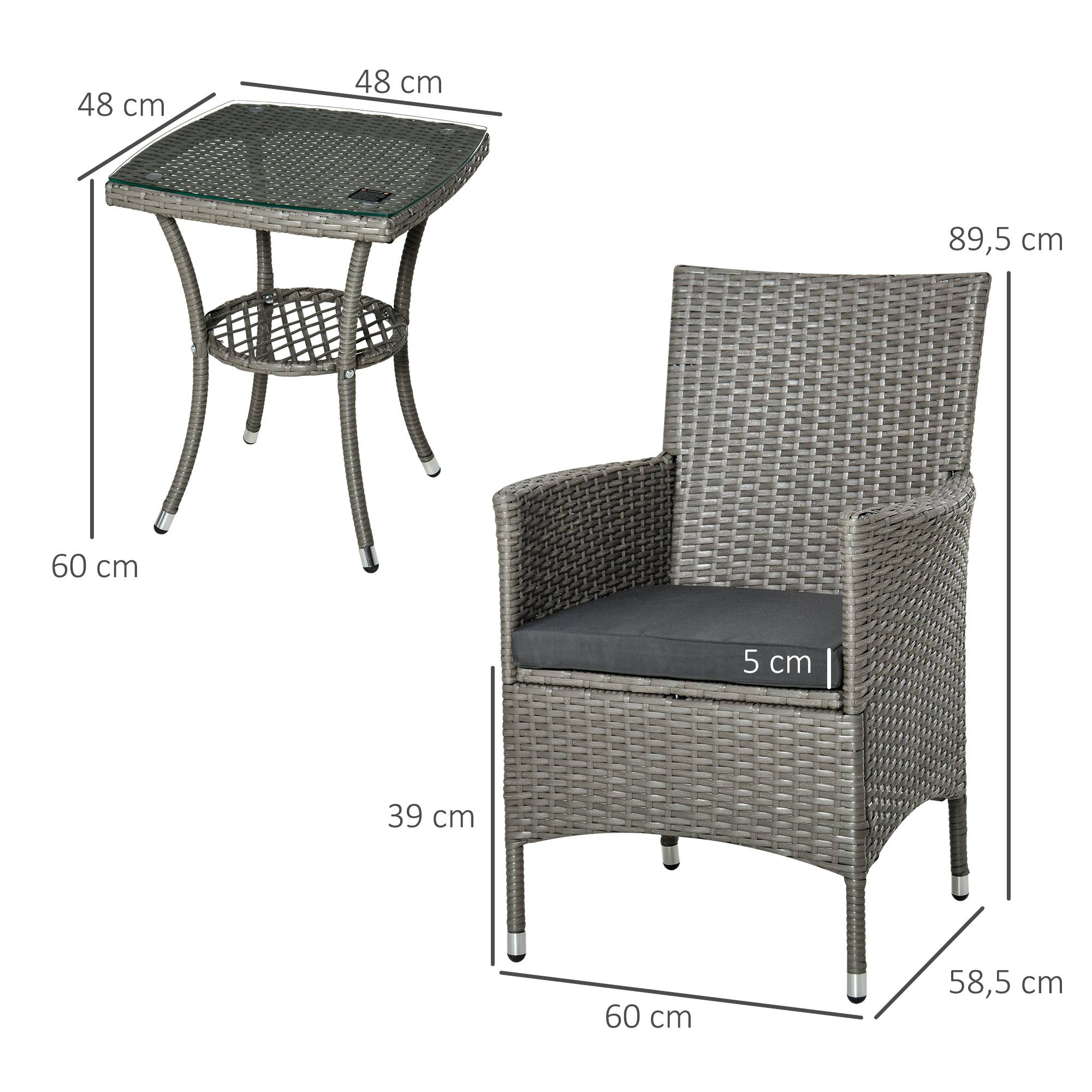 Outsunny - Ensemble salon de jardin 2 places : 2 fauteuils et table basse plateau verre trempé résine tressée imitation rotin avec coussins gris - Outsunny - Image 3
