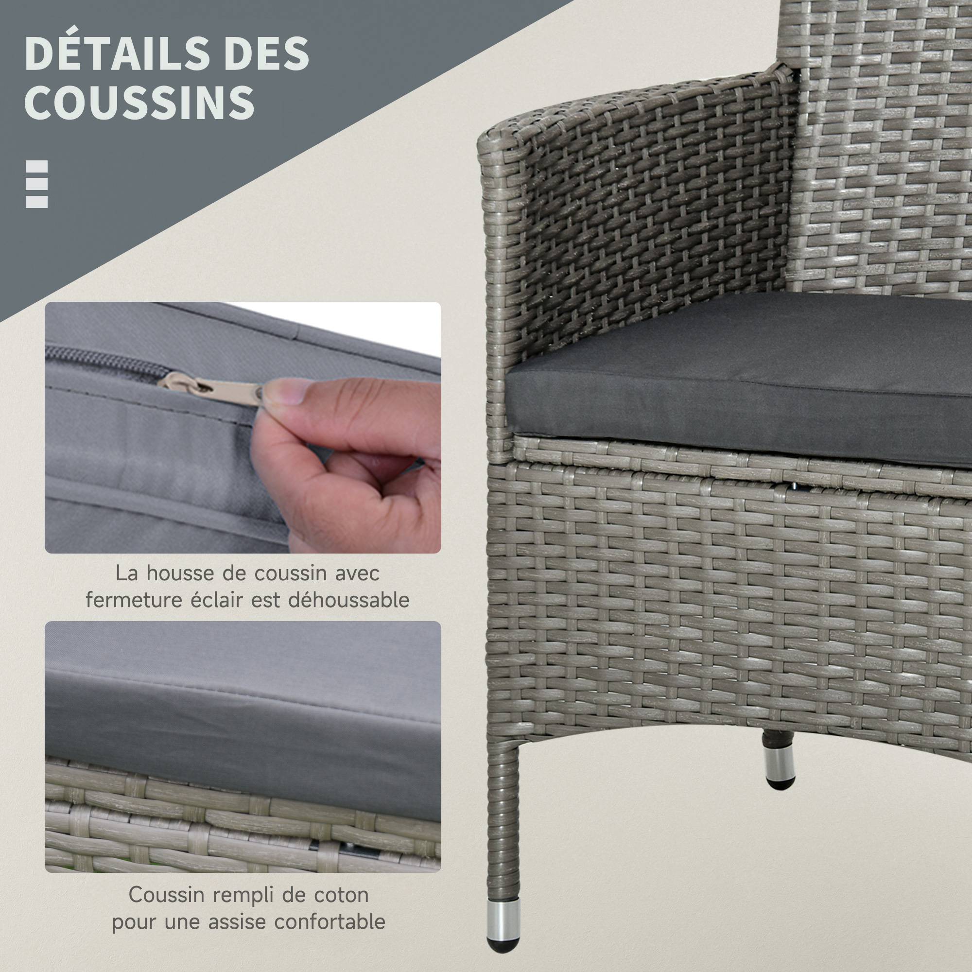 Outsunny - Ensemble salon de jardin 2 places : 2 fauteuils et table basse plateau verre trempé résine tressée imitation rotin avec coussins gris - Outsunny - Image 6