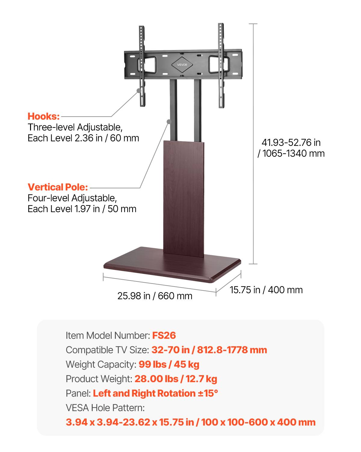 VEVOR Support TV mobile universel 81-178cm, multiprise, pivot/H régl., 45kg, VESA 600x400, intérieur. - Image 7